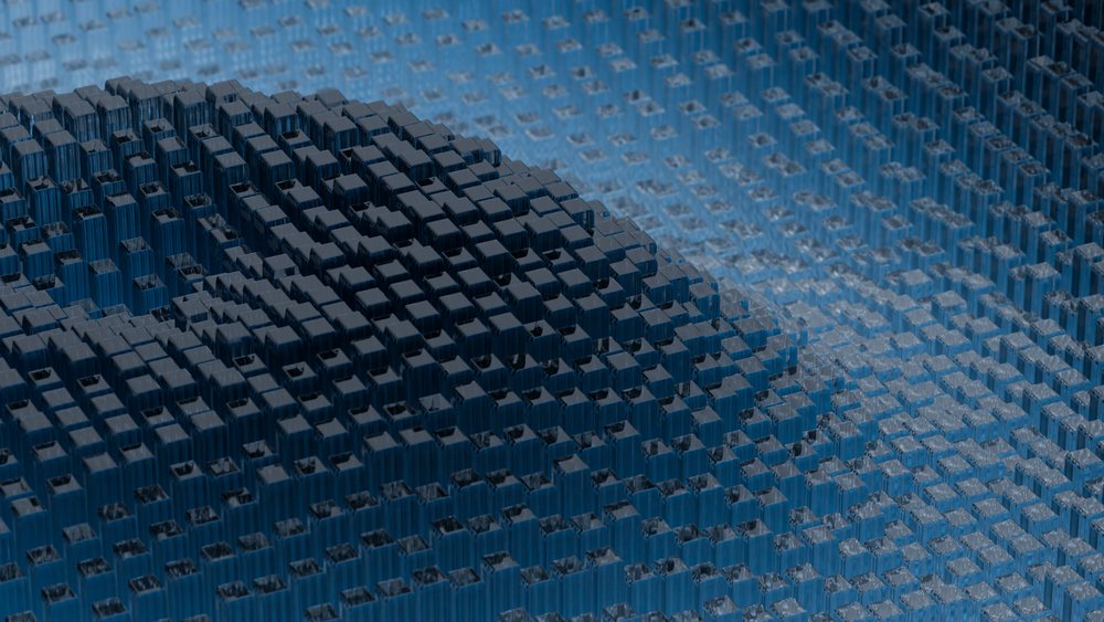 Abstract digital art of stacked blue 3d cubes in geometric pattern