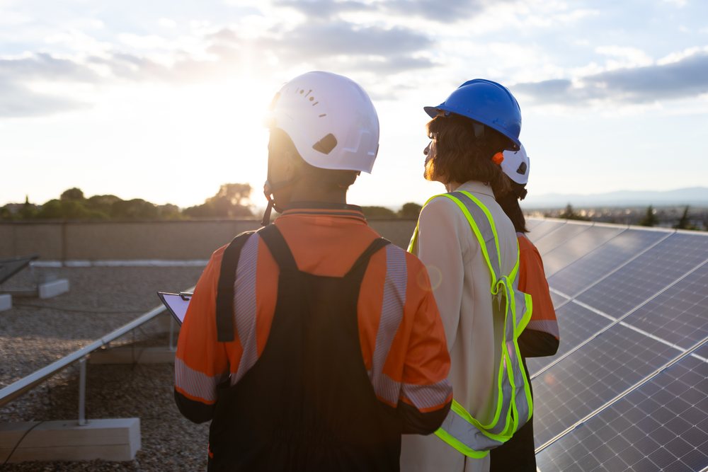 Engineers inspecting solar panels at renewable energy site in Madrid