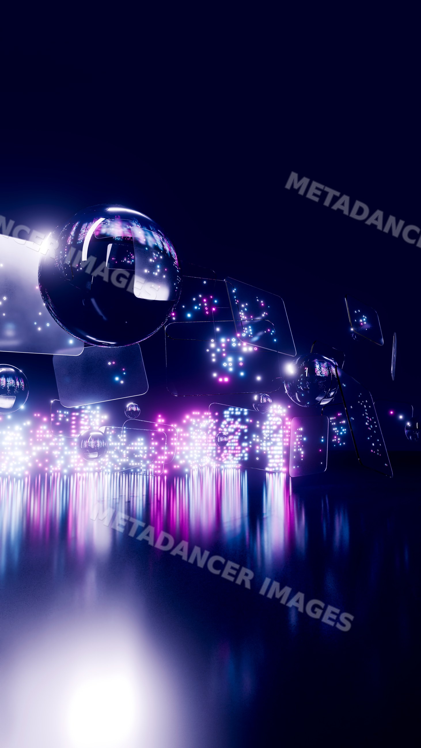 Digital art with glowing spheres and illuminated panels