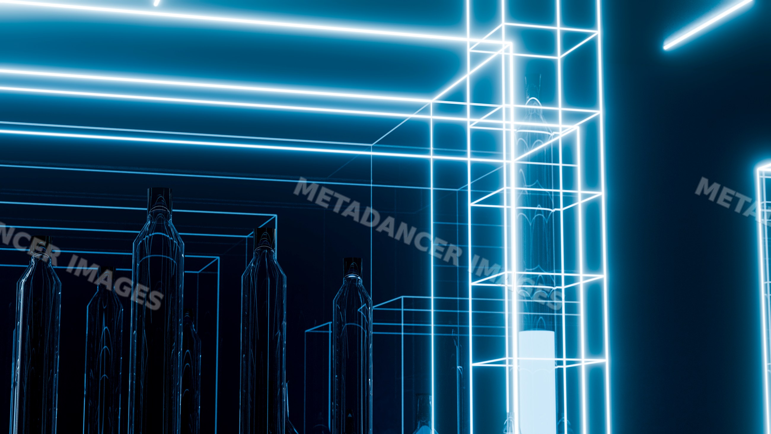 Glass bottles on illuminated blue neon shelves in dark modern design