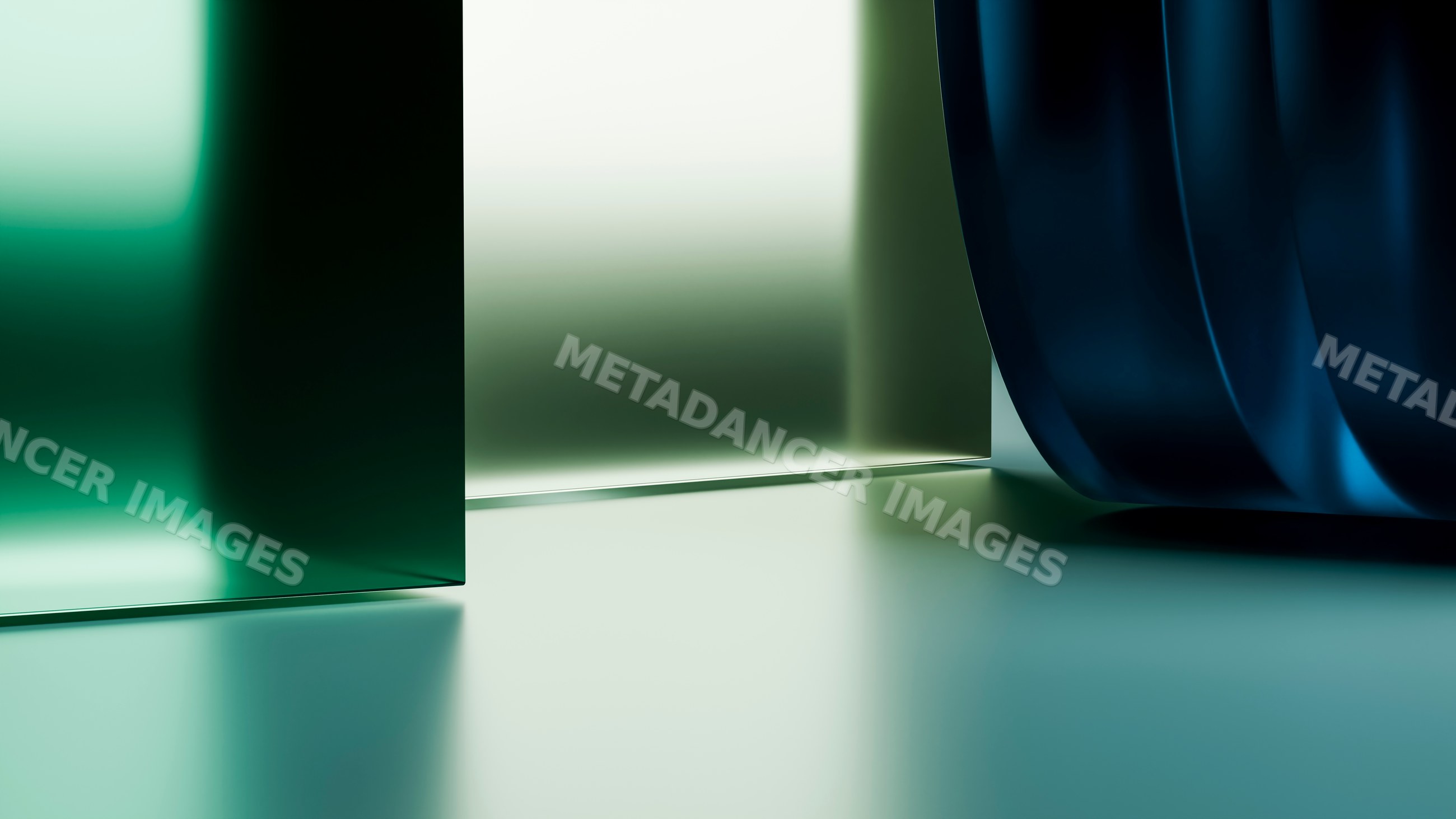 Abstract curved blue and green glass panels with light reflections