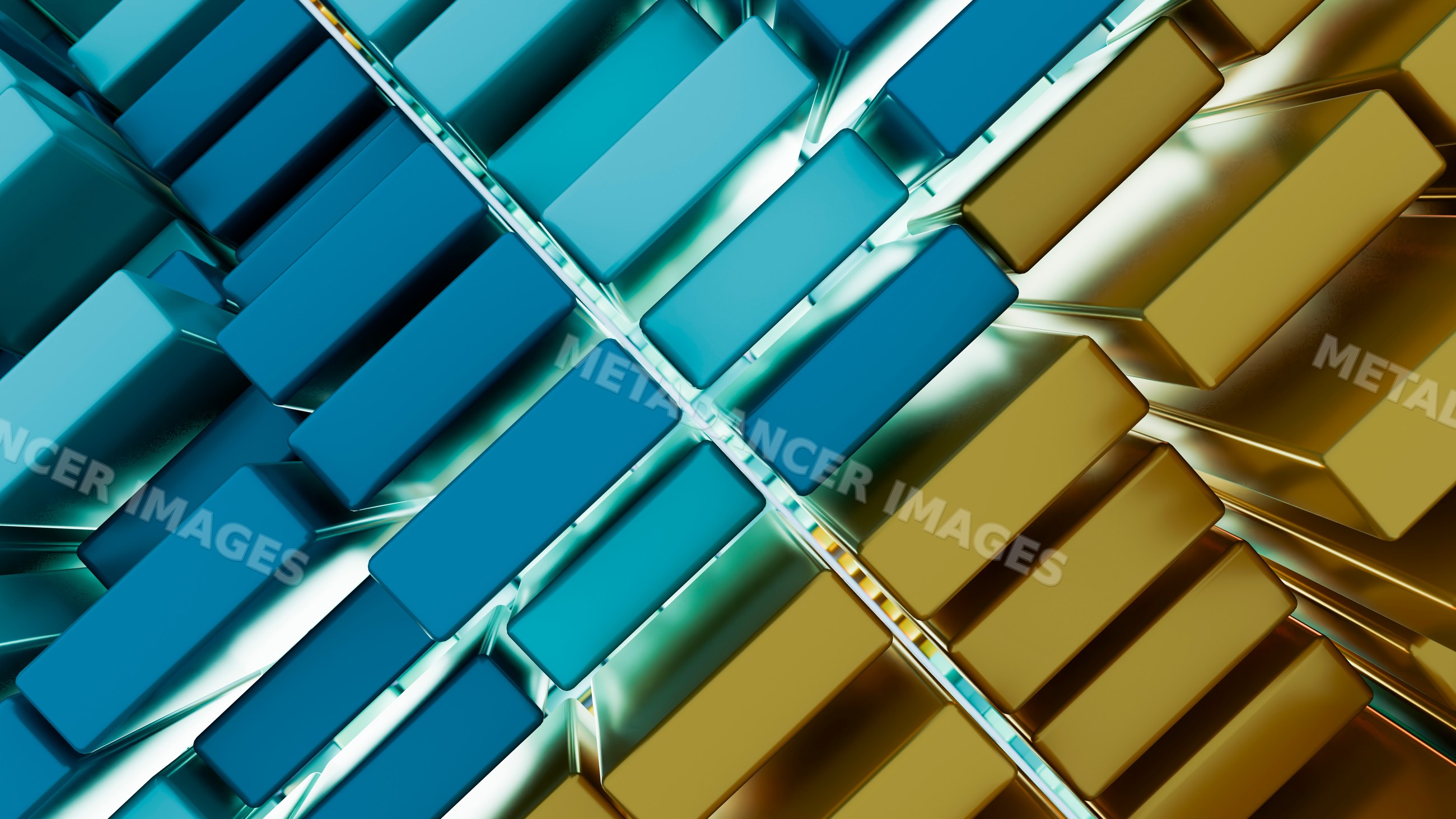 3d illustration of blue and gold rectangular block geometric pattern