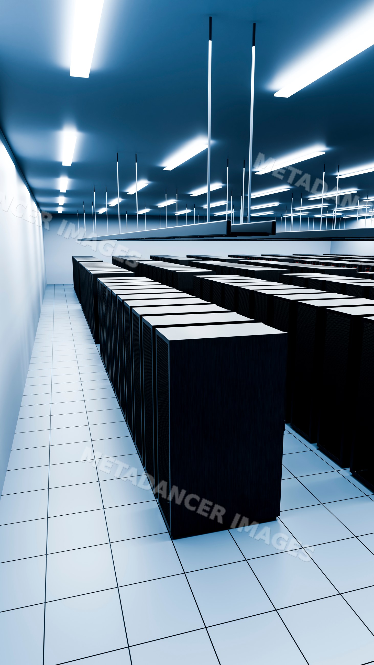 Server racks aligned in a data center room with ceiling lights