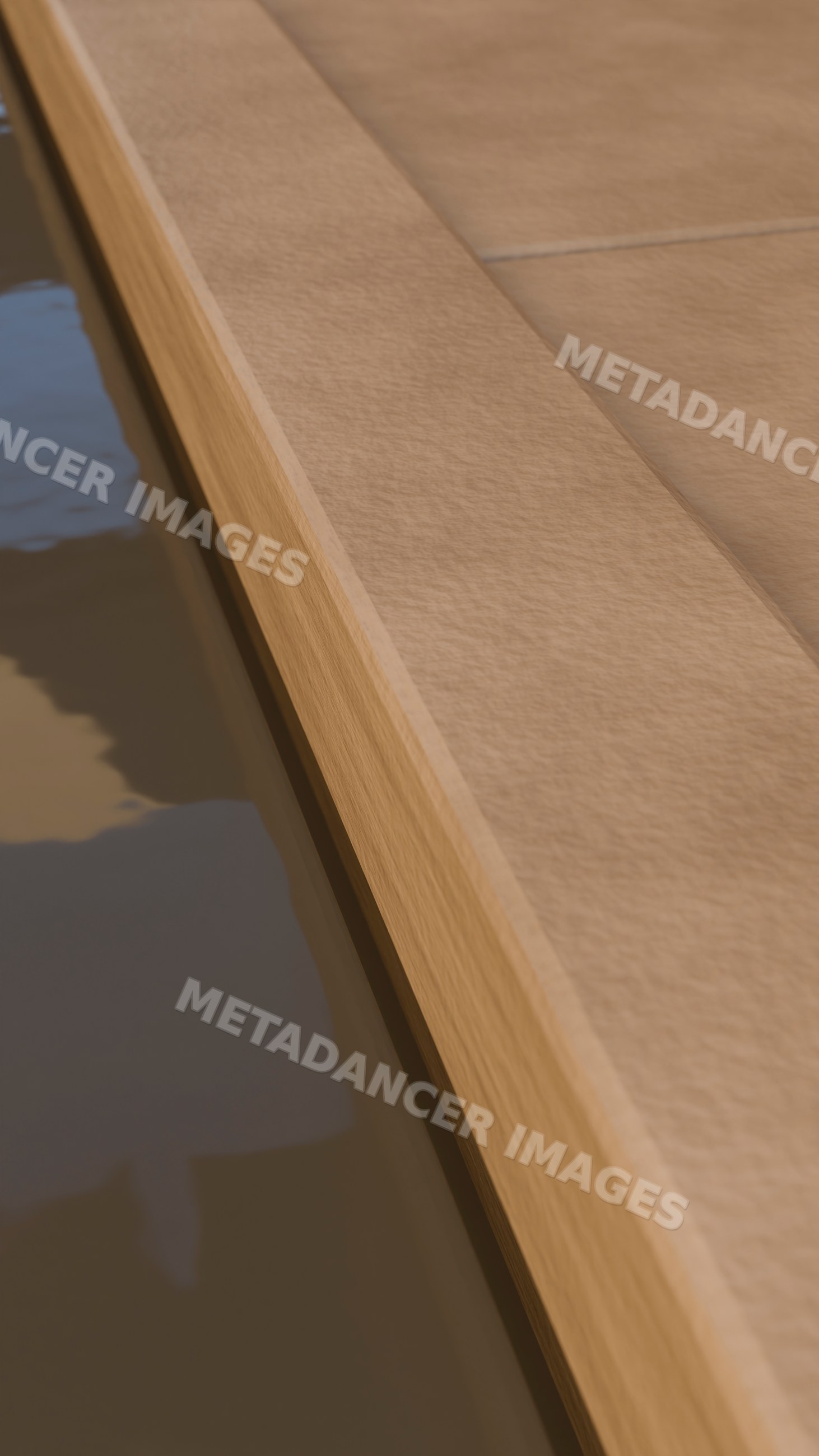 Close-up of wooden edge by peaceful pool water