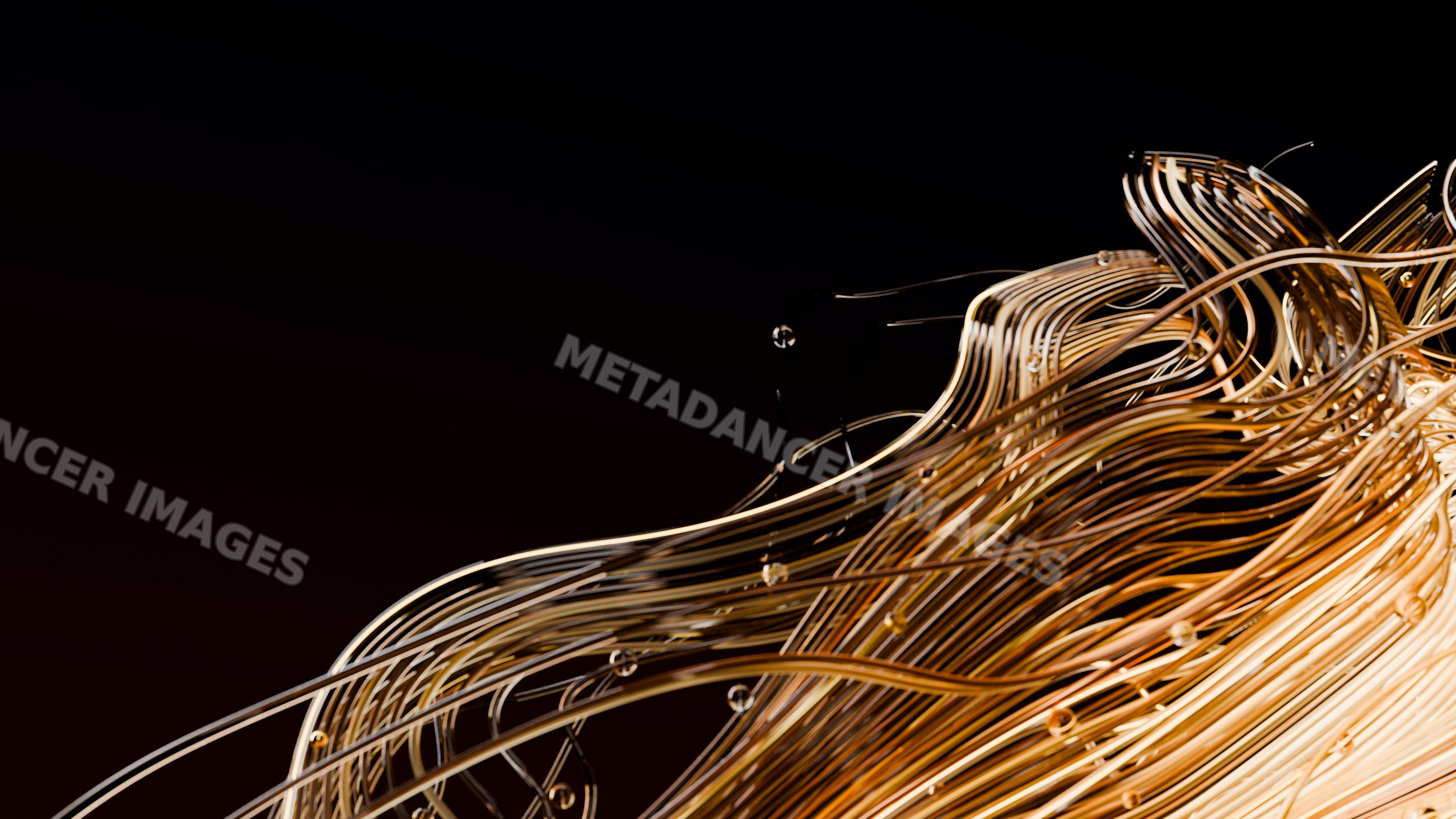 Abstract golden wire art with flowing curves and bubbles