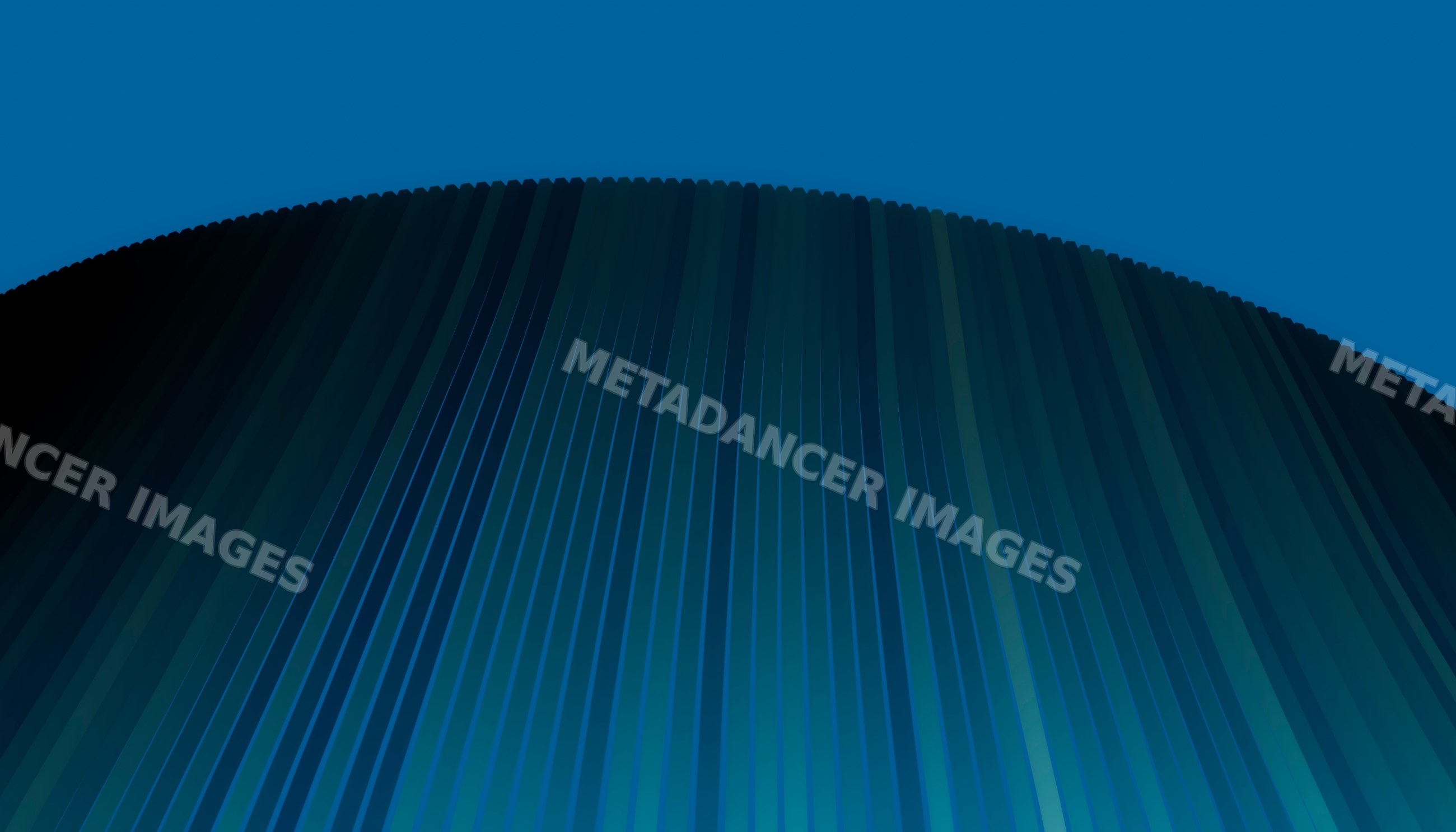 Curved modern building with vertical metal facade under blue sky