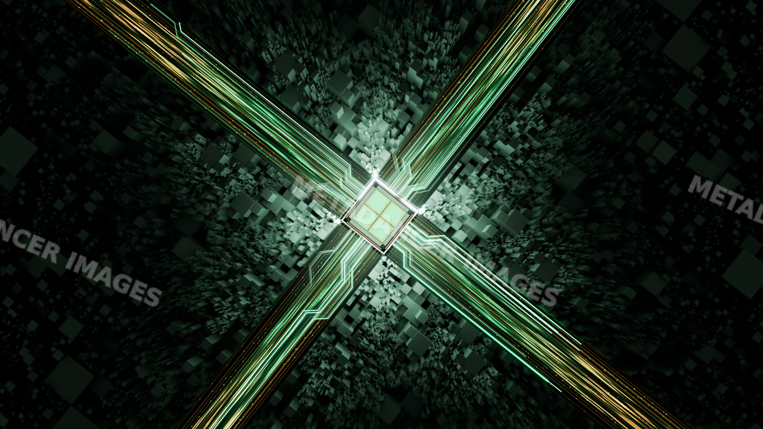 Digital microchip with glowing green circuit lines and electronic