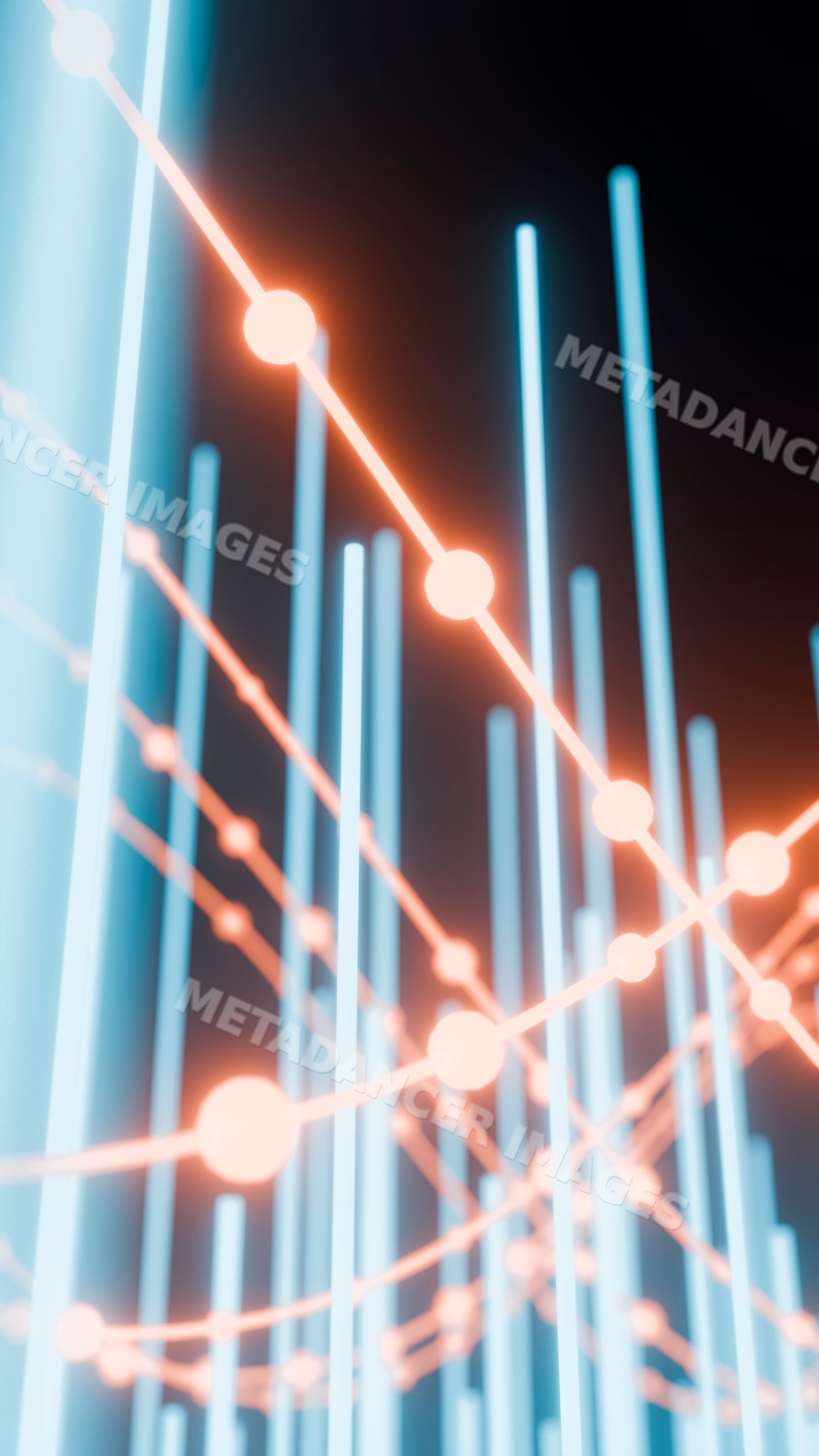 3d digital data visualization with blue bars and orange line graphs