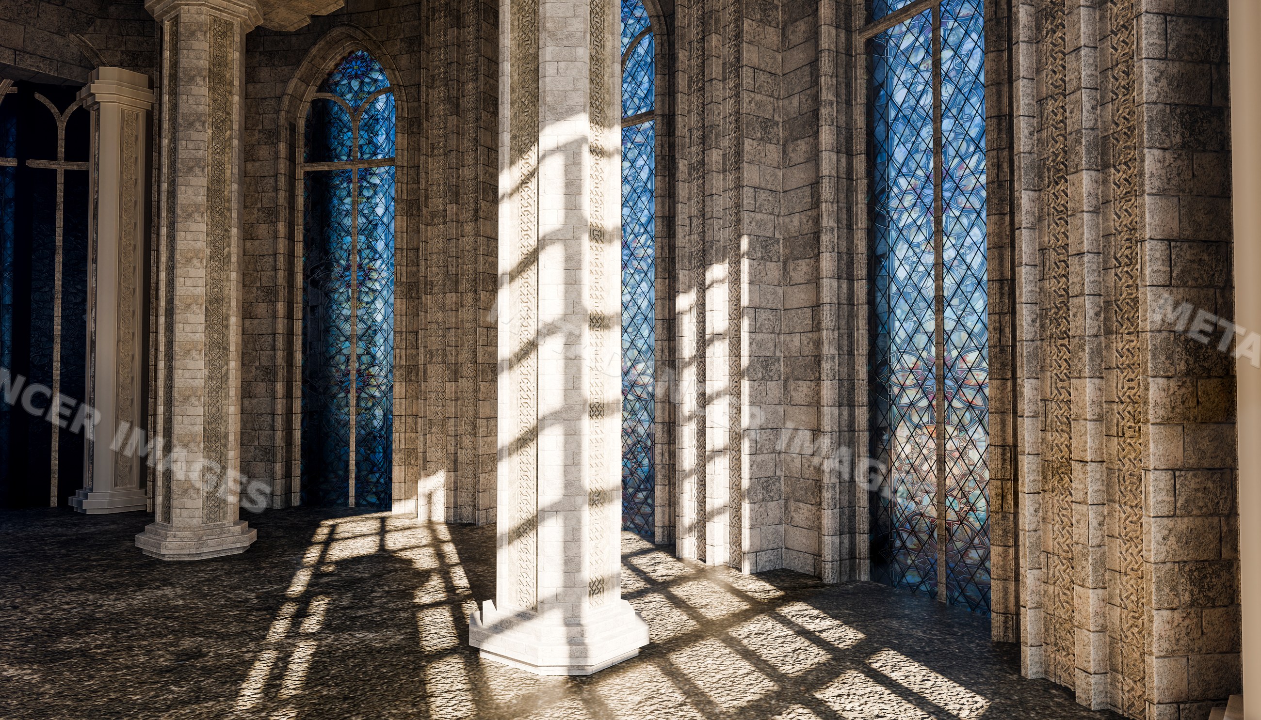 Gothic-style interior with ornate stone columns and stained glass