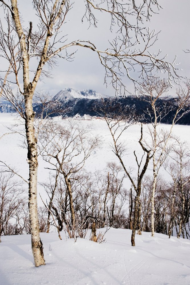 Lake mashu-ko winter scene with snowy trees, hokkaido