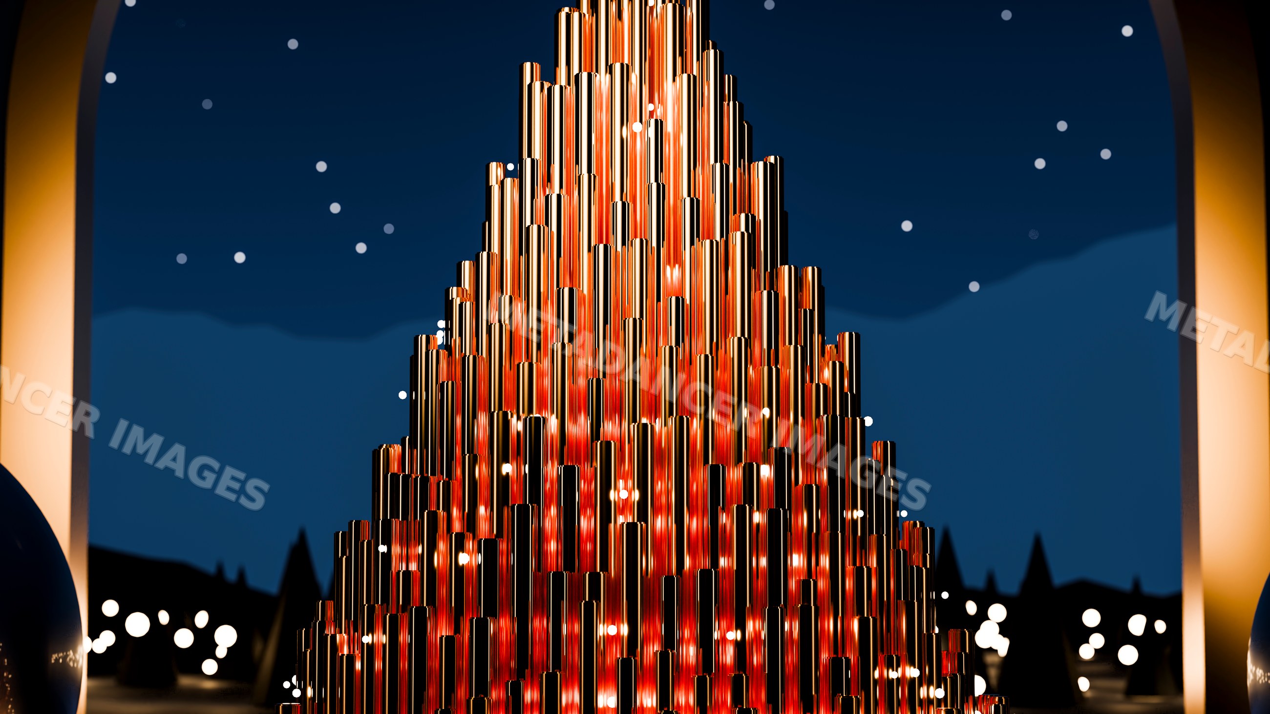 Stacked gold tubes with glowing lights against a starry night sky