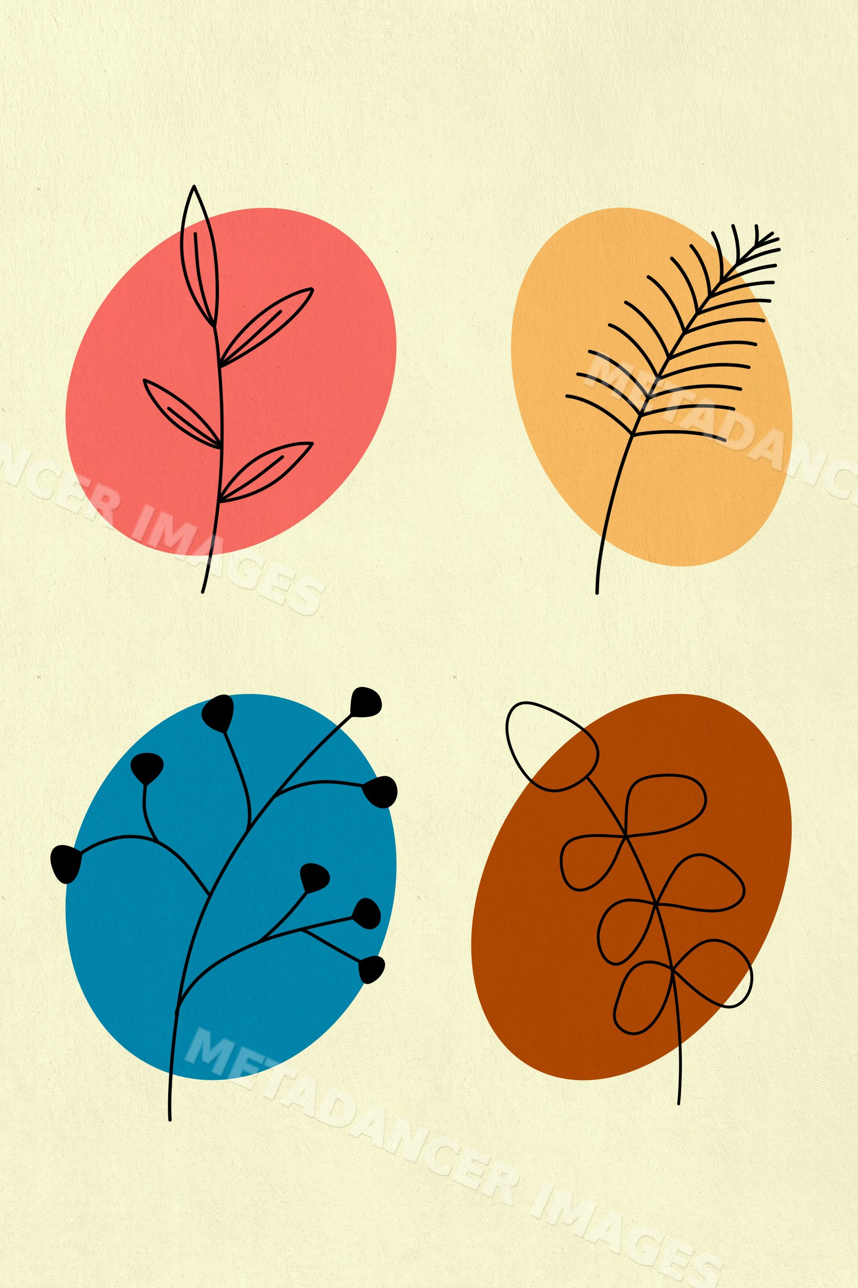Minimalist illustration of line-drawn leaves with colorful abstract