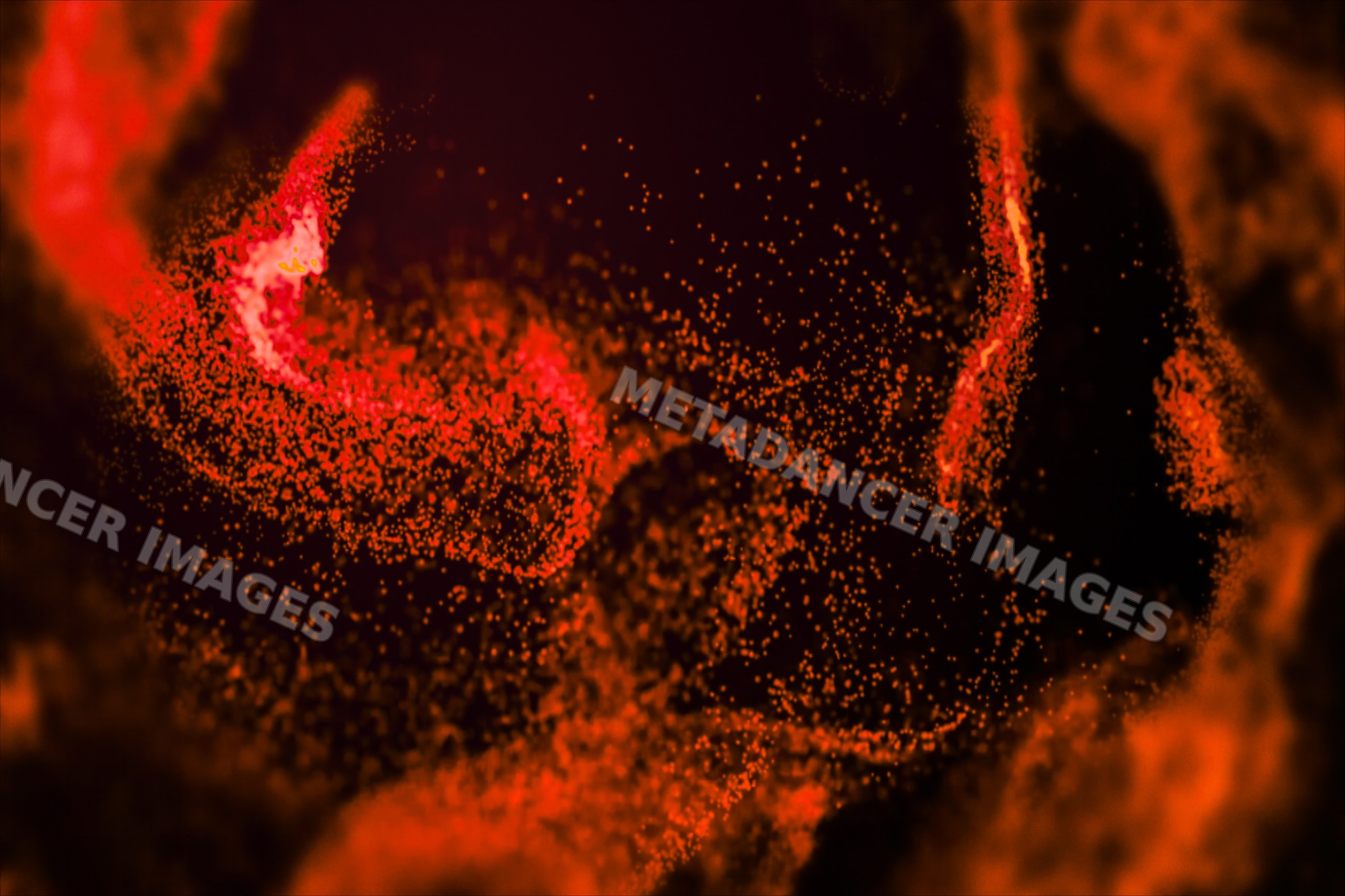 Red and orange glowing particles create a dynamic abstract energy