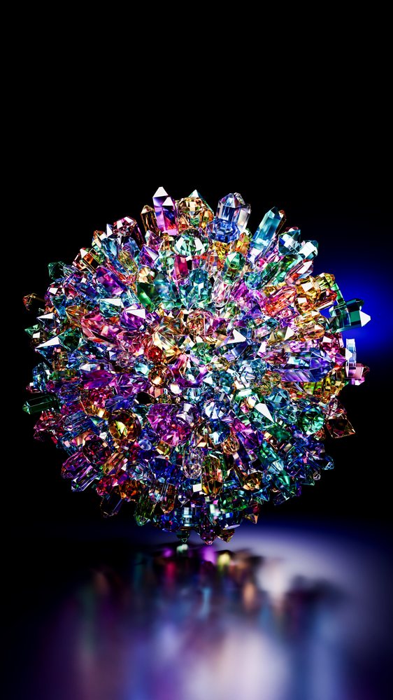 Multicolor prismatic crystal cluster with reflective facets