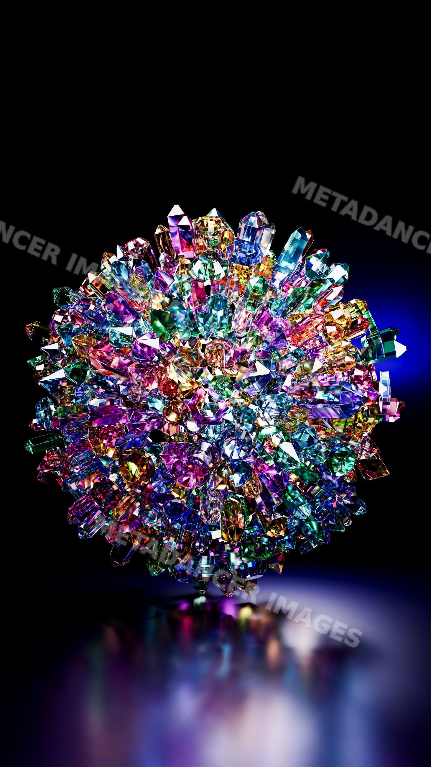 Multicolor prismatic crystal cluster with reflective facets