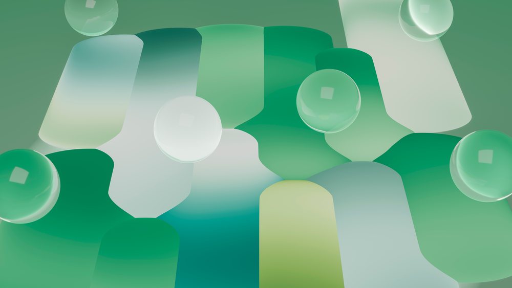 Abstract green gradient shapes with floating spheres digital