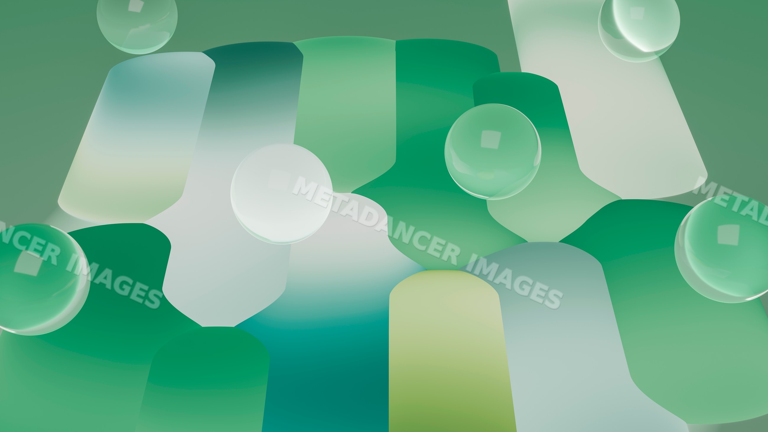 Abstract green gradient shapes with floating spheres digital