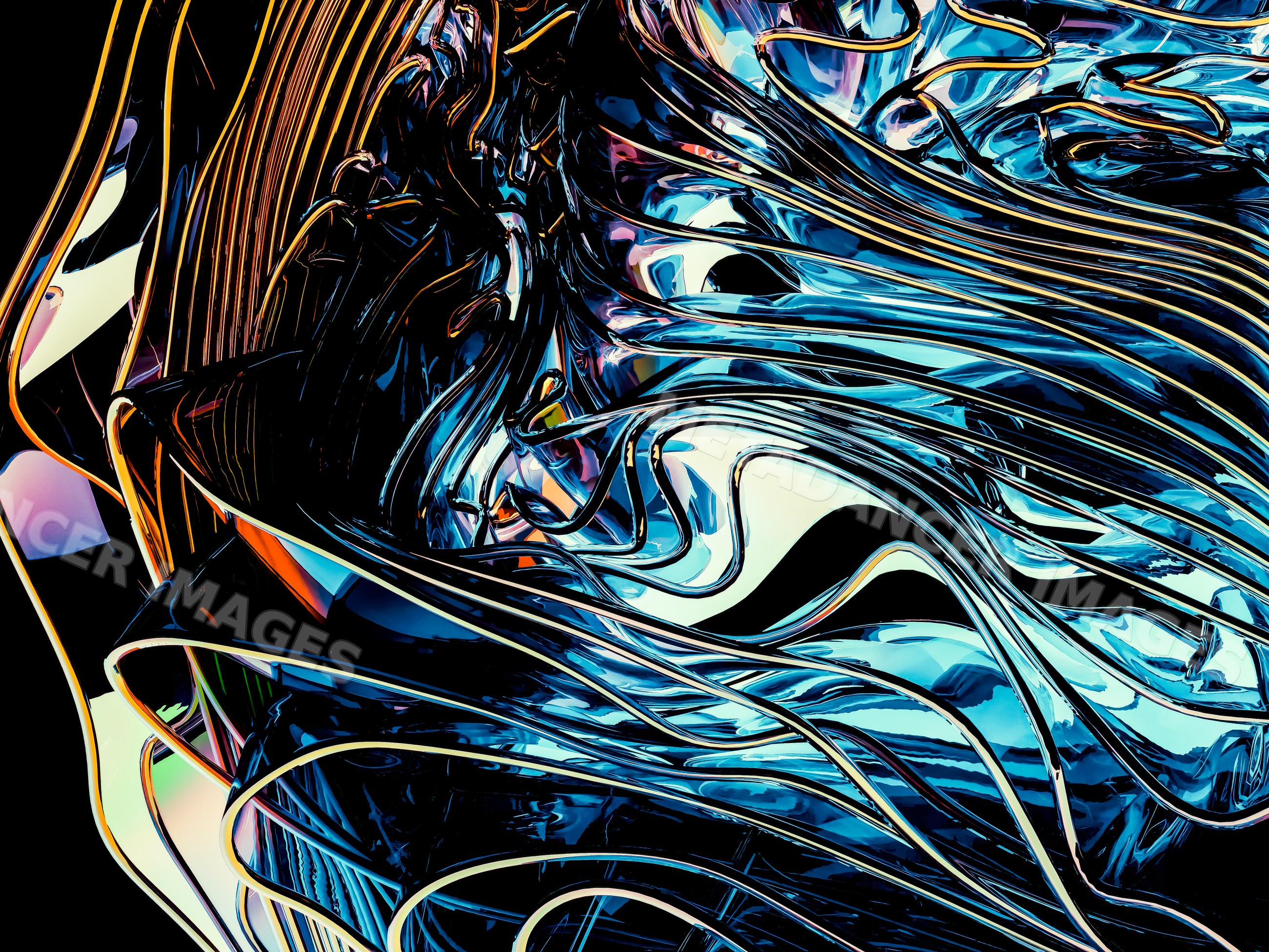 Abstract sculpture featuring twisting reflective metal ribbons