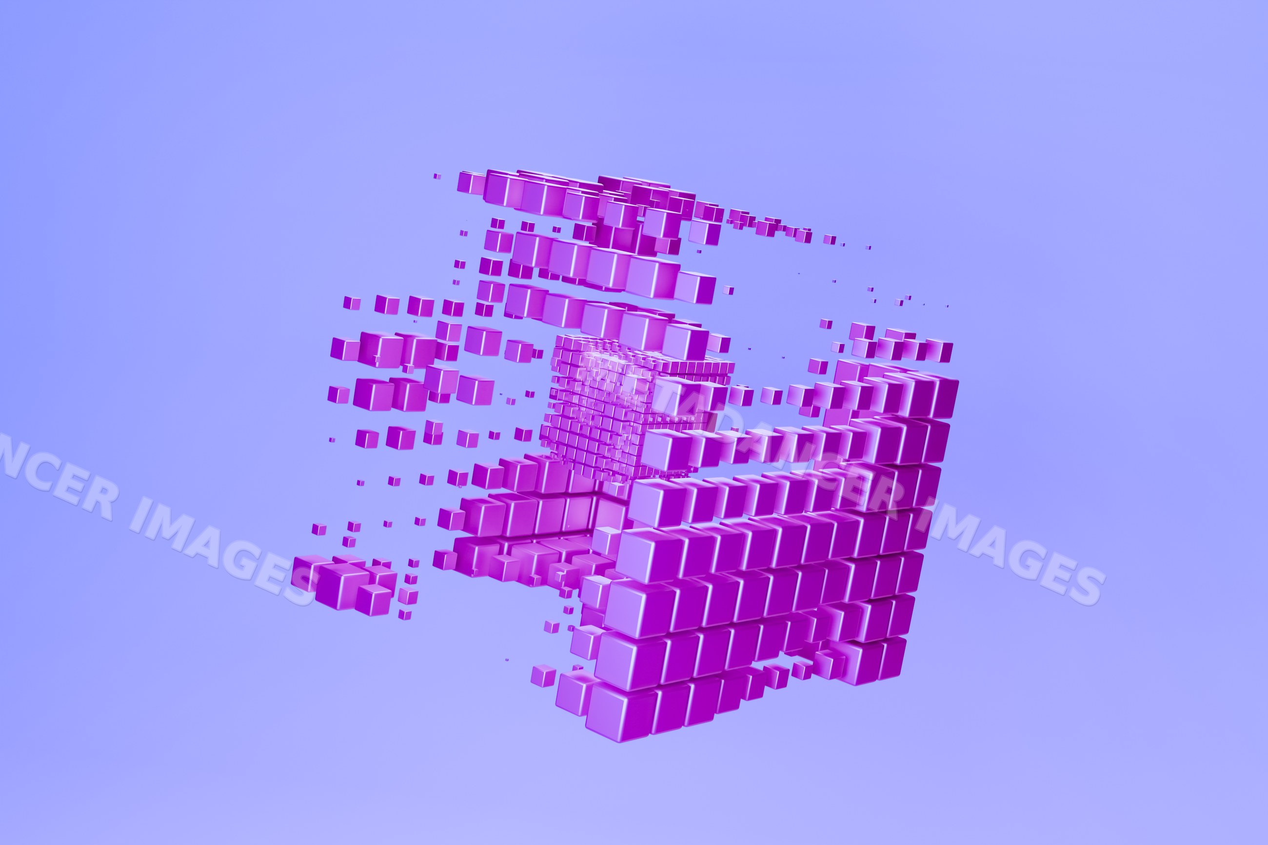 3d purple cubes forming an abstract geometric pattern on blue