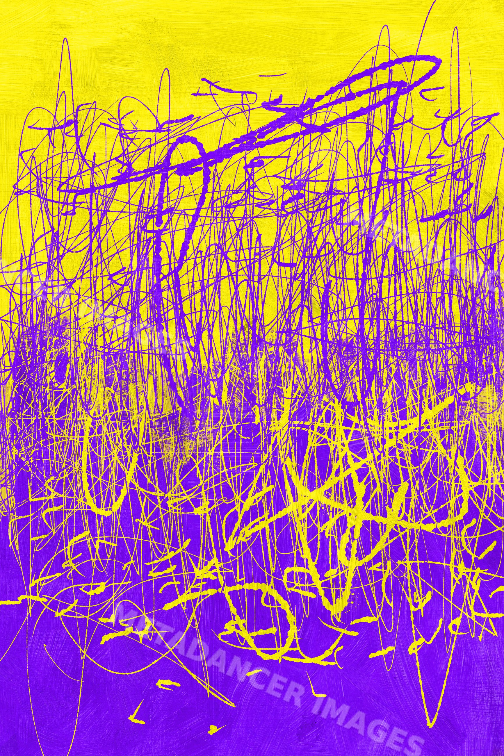 Abstract digital painting with chaotic purple and yellow scribbles