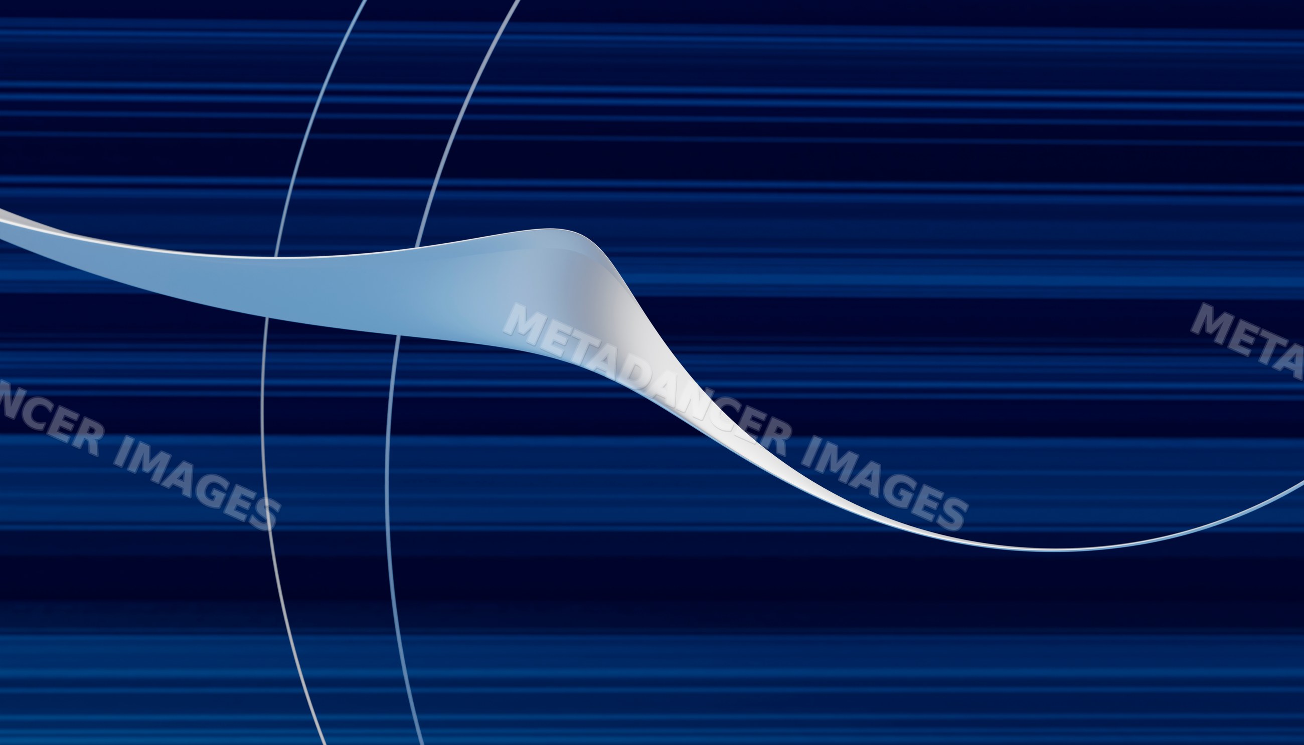 White abstract flowing ribbon shape over blue striped background