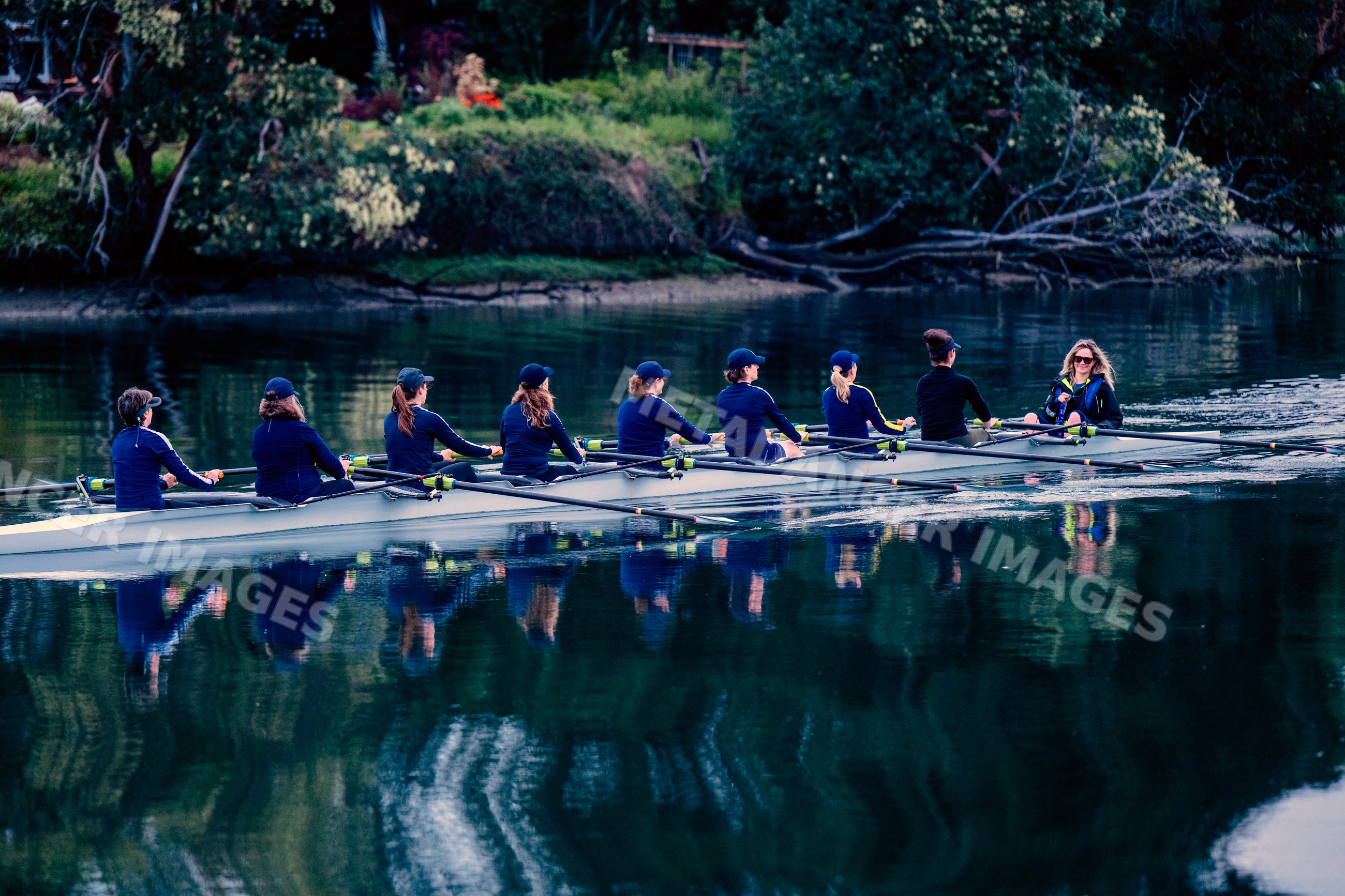 A white women's rowing team practicing together on calm water