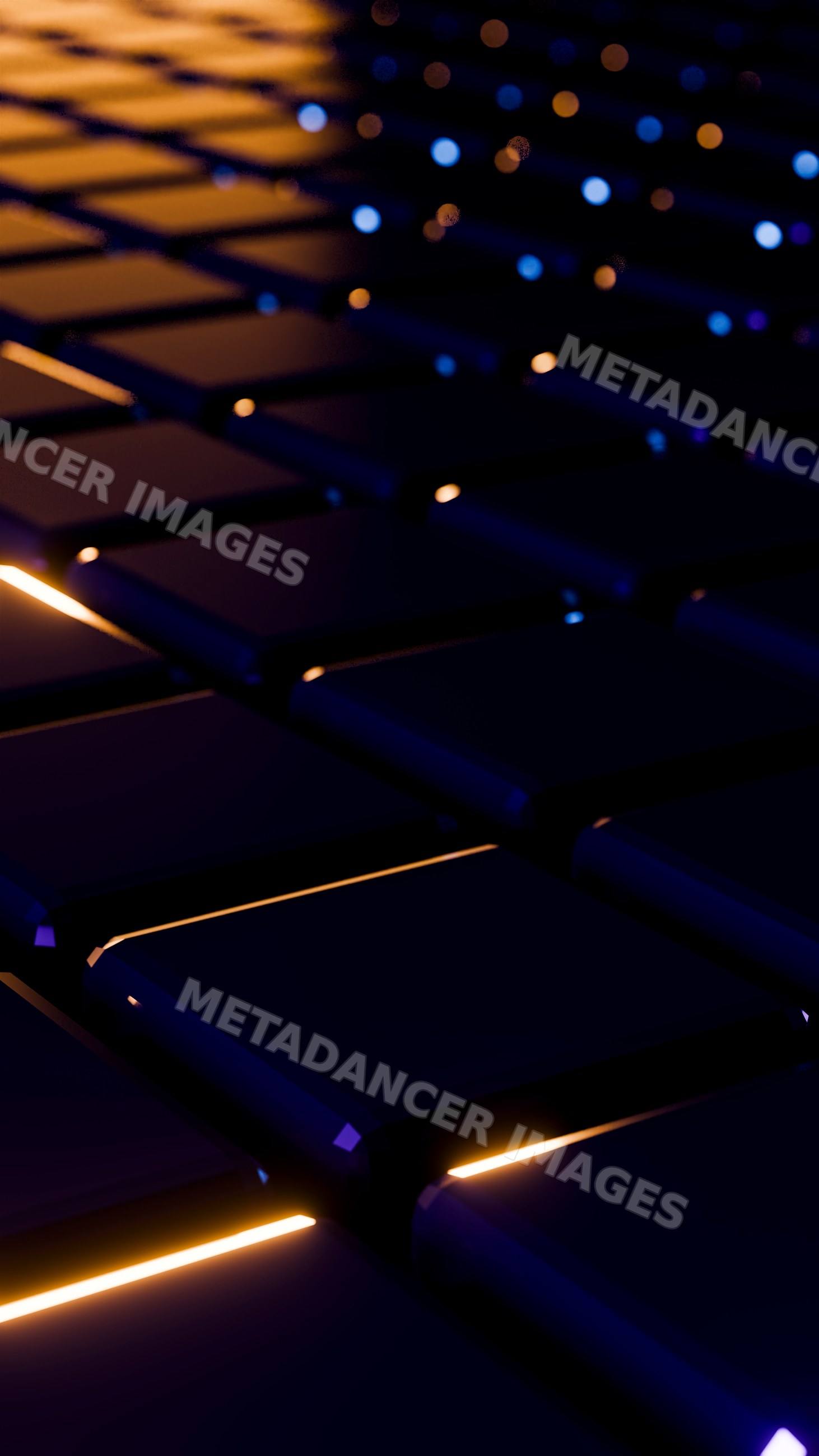 Close-up of black glossy tiles with glowing orange and blue lights