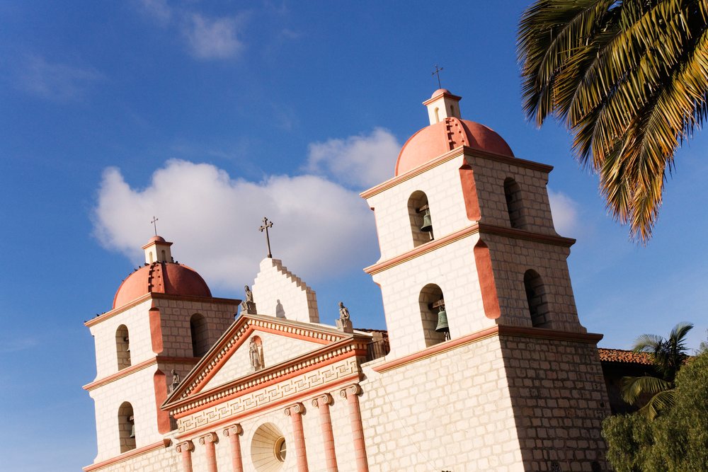 Santa barbara mission church with bell towers and domes