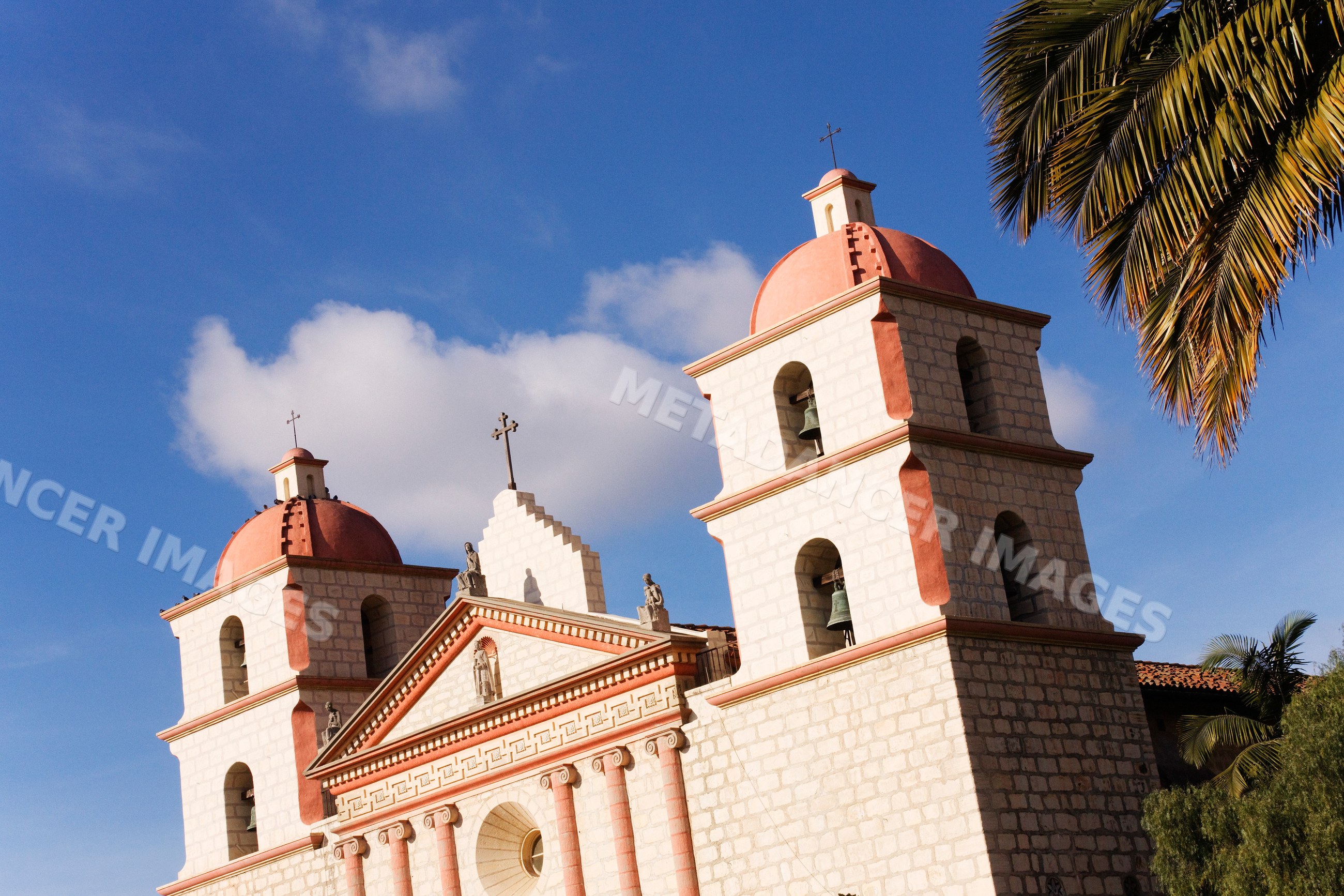 Santa barbara mission church with bell towers and domes