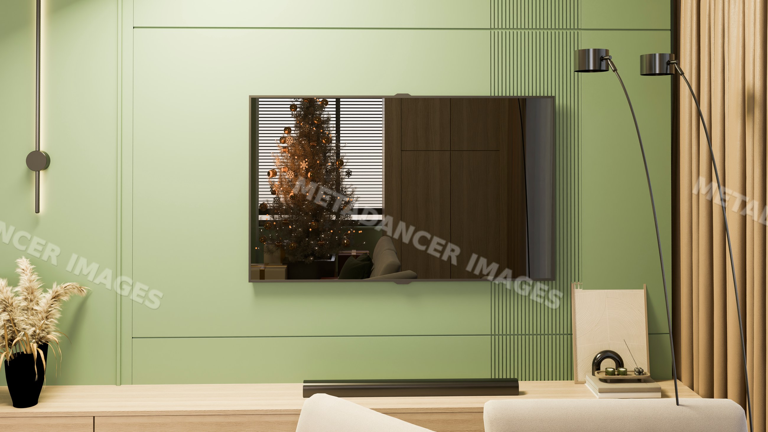 Christmas tree reflected on tv screen in modern living room