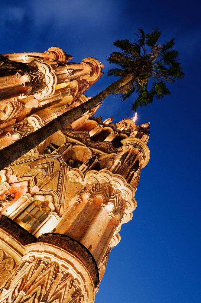 Illuminated ornate church tower and palm tree mexico