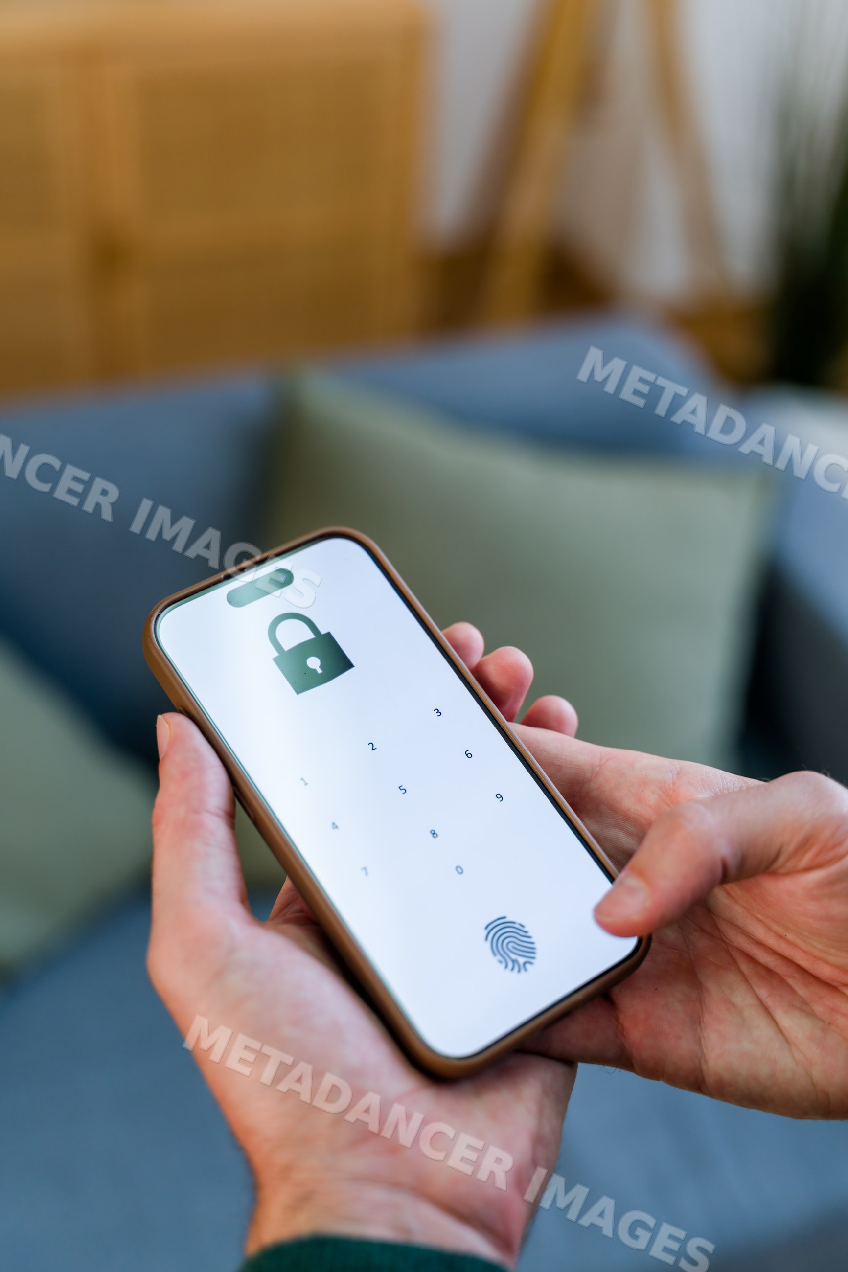 Smartphone lock screen displaying fingerprint and numeric keypad