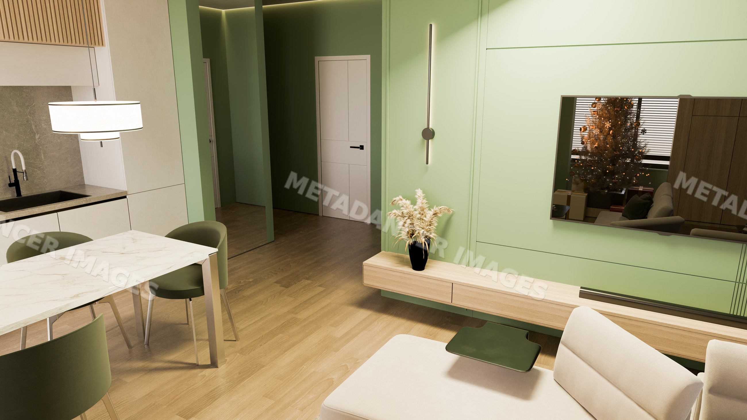 Modern kitchen dining area with pampas grass and holiday decor