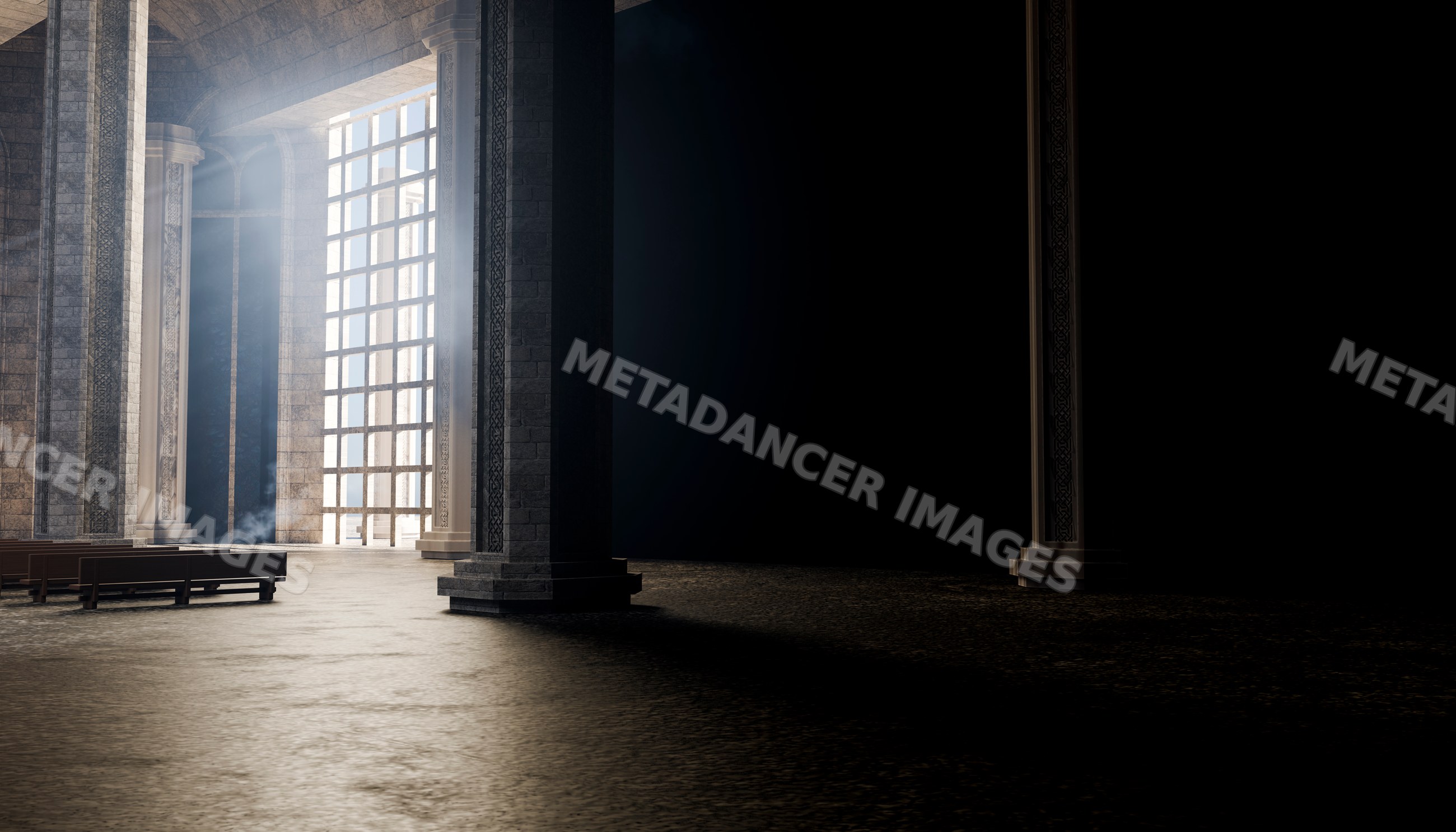 Medieval church interior with stone pillars and light filtering
