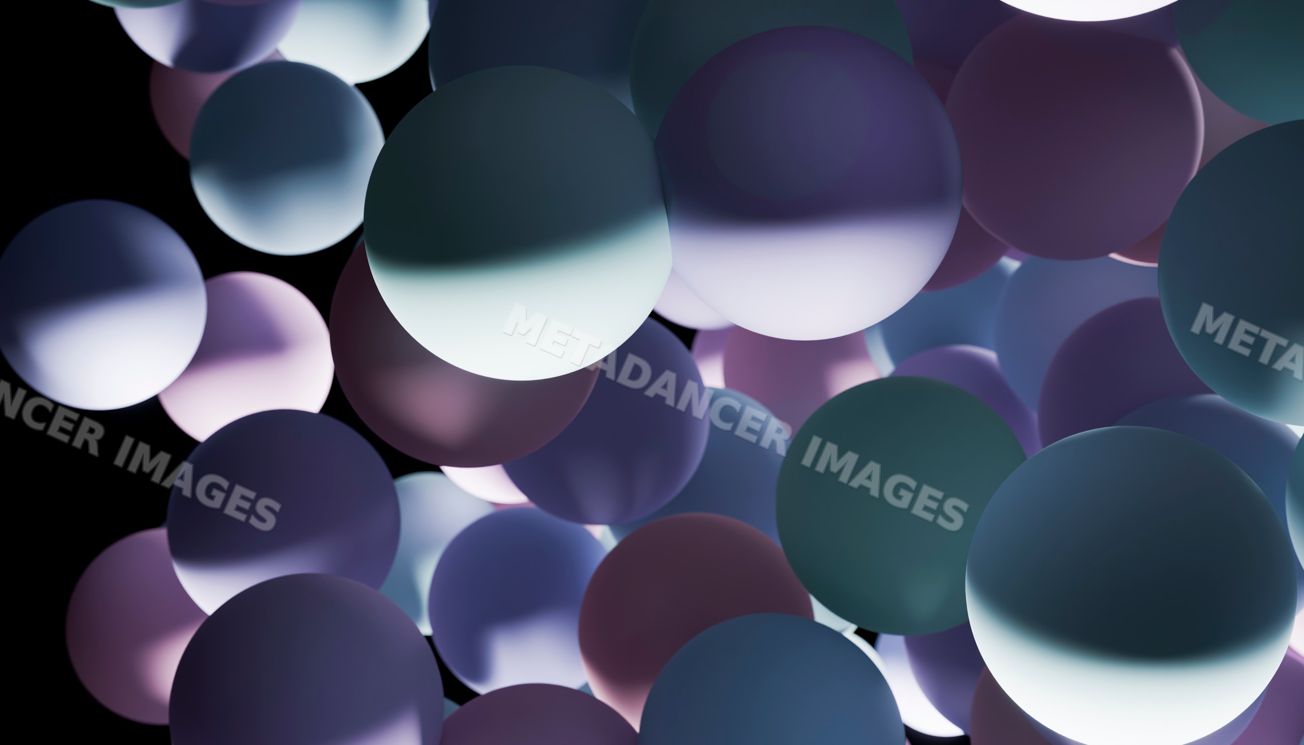 A digital rendering of colorful 3d spheres floating in dark space