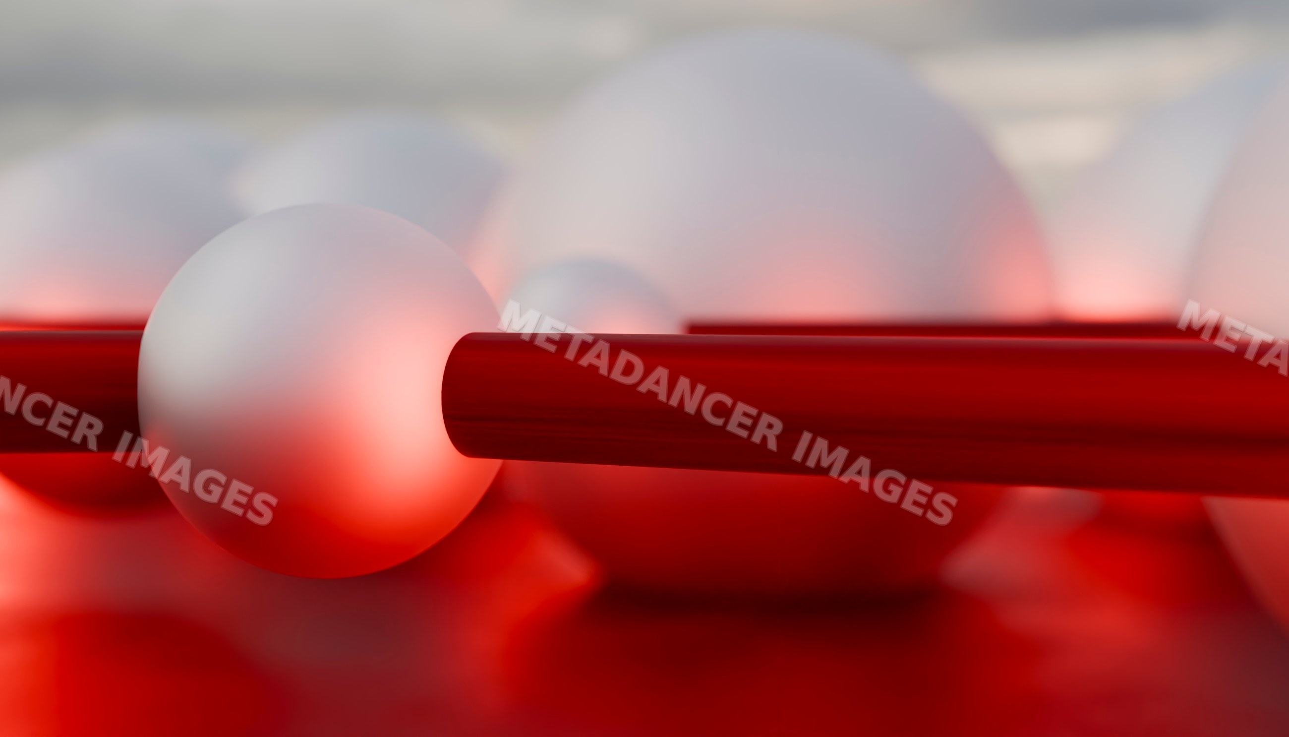 3d render of white sphere pierced by red rod with glowing light