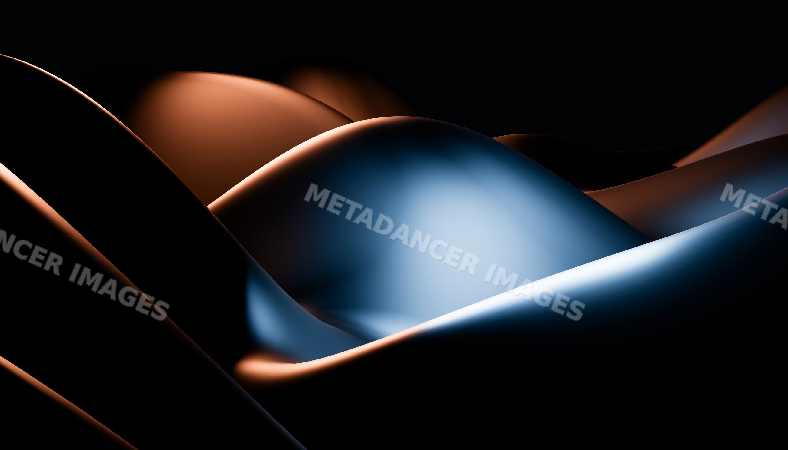 Abstract smooth blue and orange curved surfaces illuminated on dark
