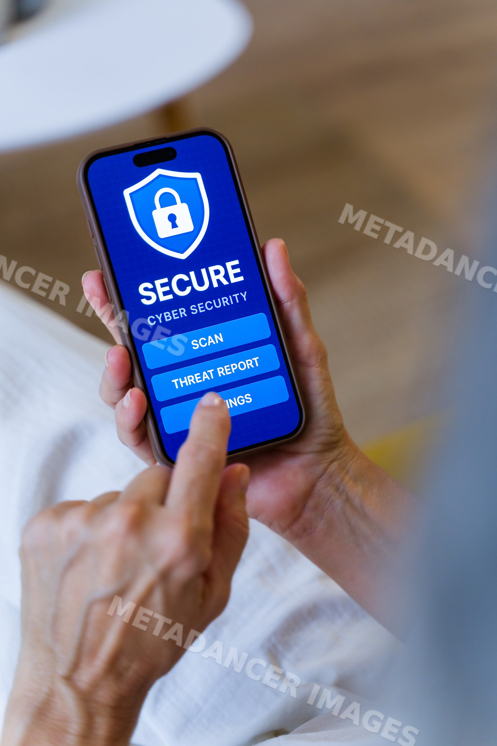 Smartphone screen showing cybersecurity app with secure options