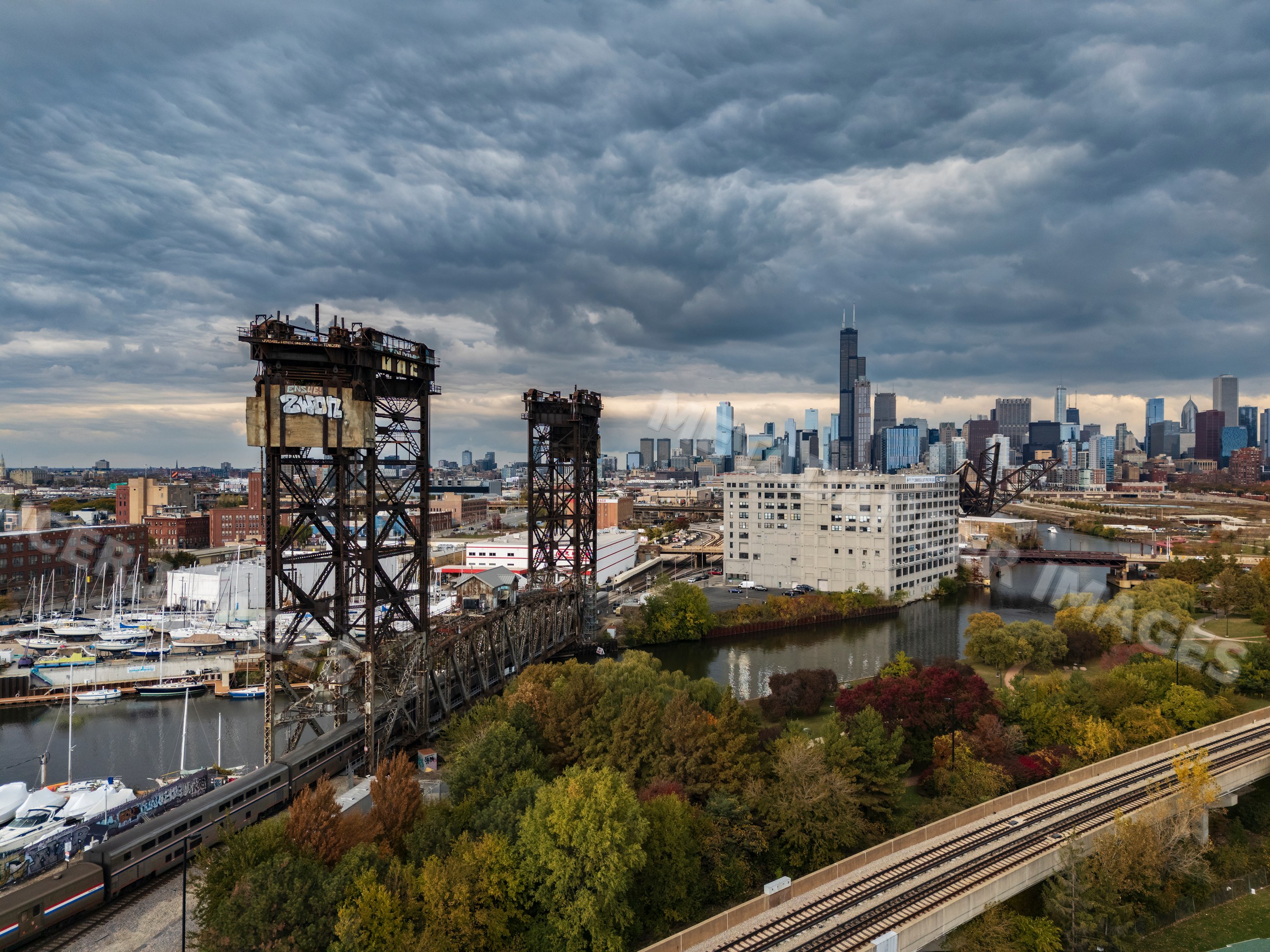 Canal street railway Lift Bridge with chicago skyline in a street