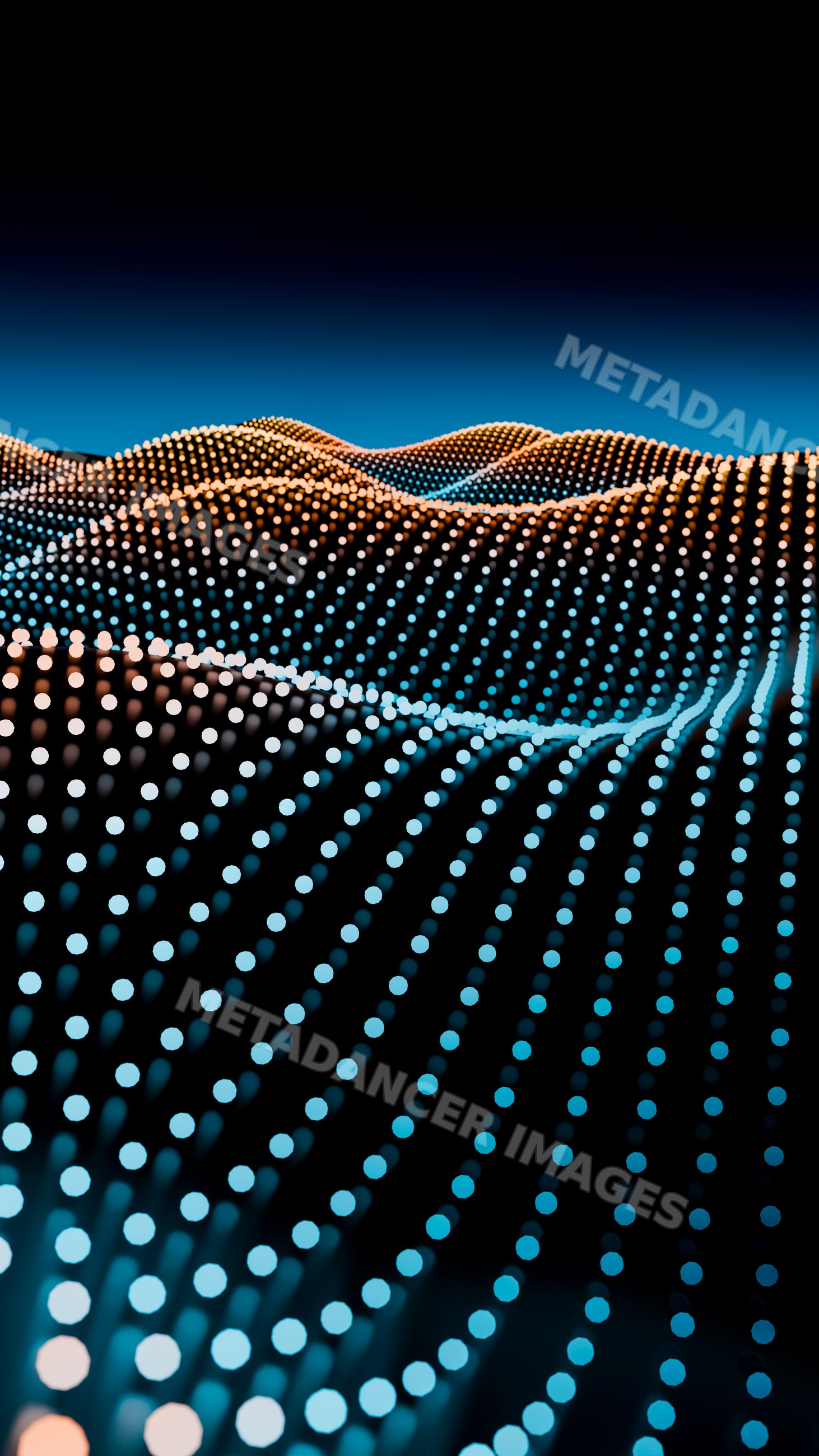 Digital wave of orange and blue light dots forming abstract 3d curves