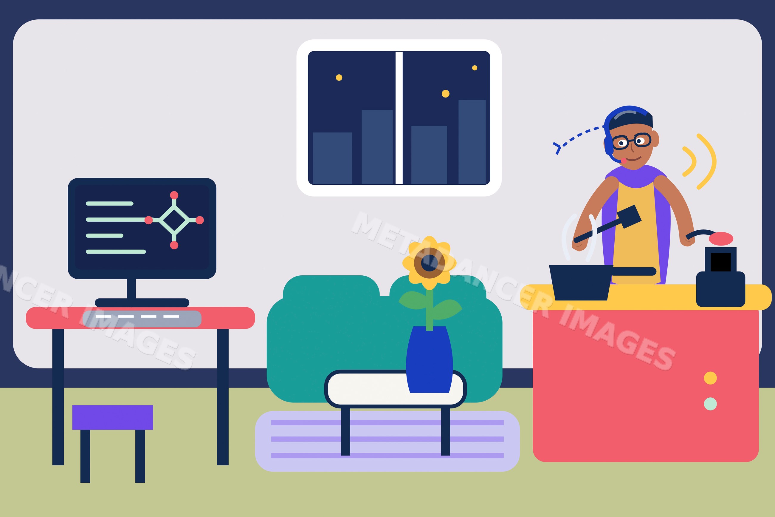 Person cooking in Home Office kitchen at night with digital AI assistant