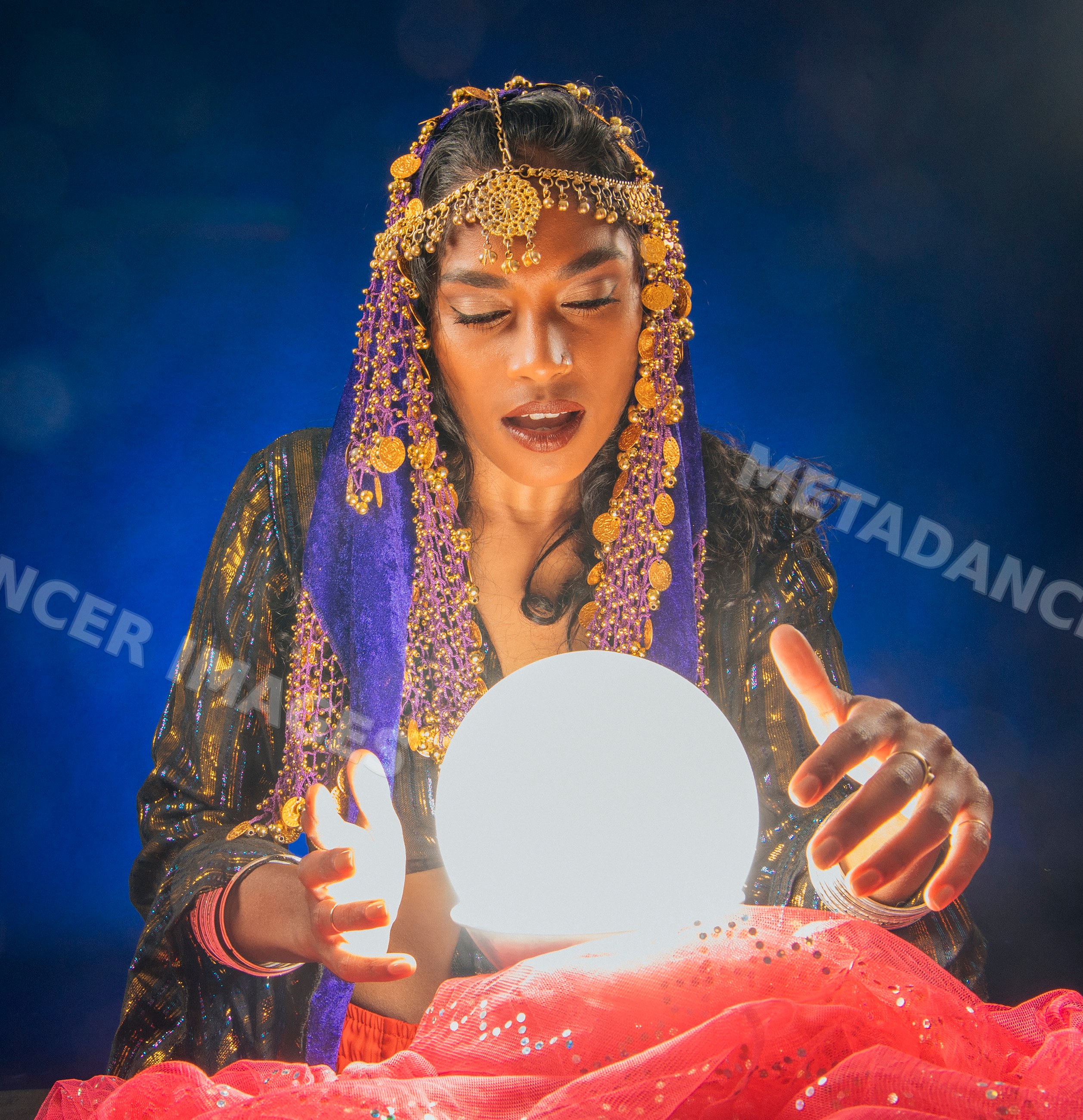 A fortune teller gazes into a glowing crystal ball in a mystic setting