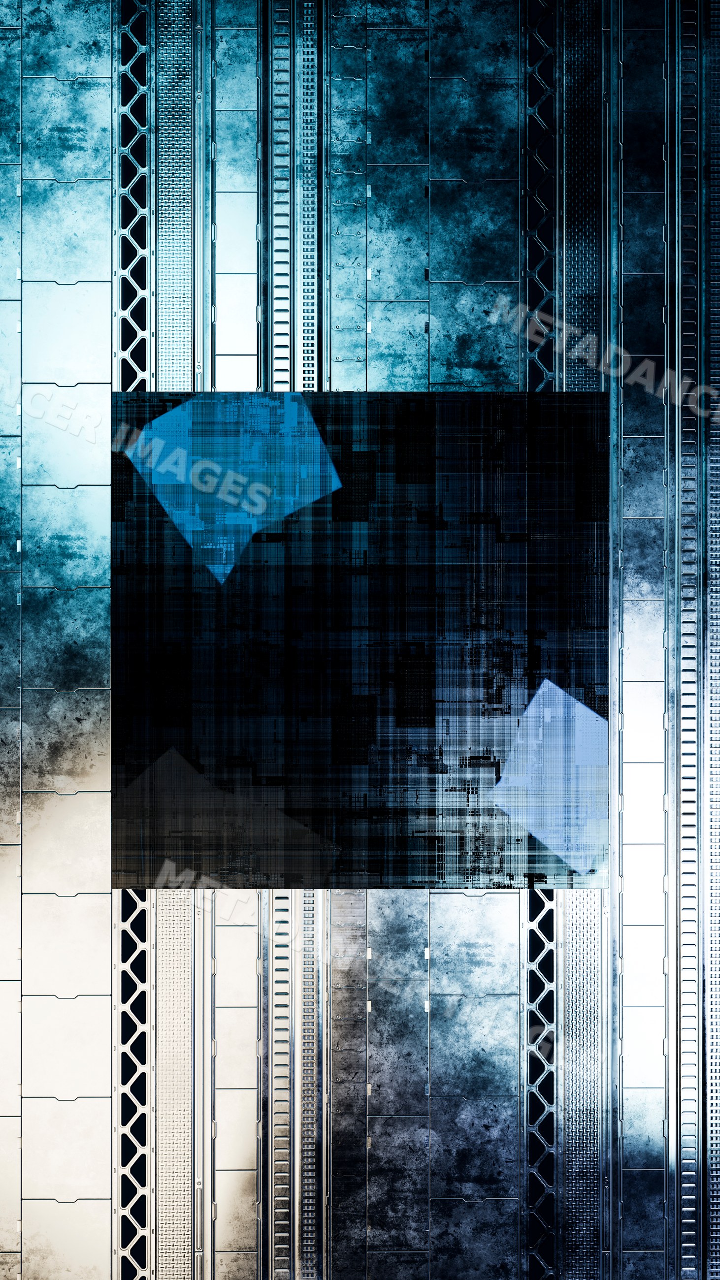 Abstract digital art with vertical metallic panels and blue geometric