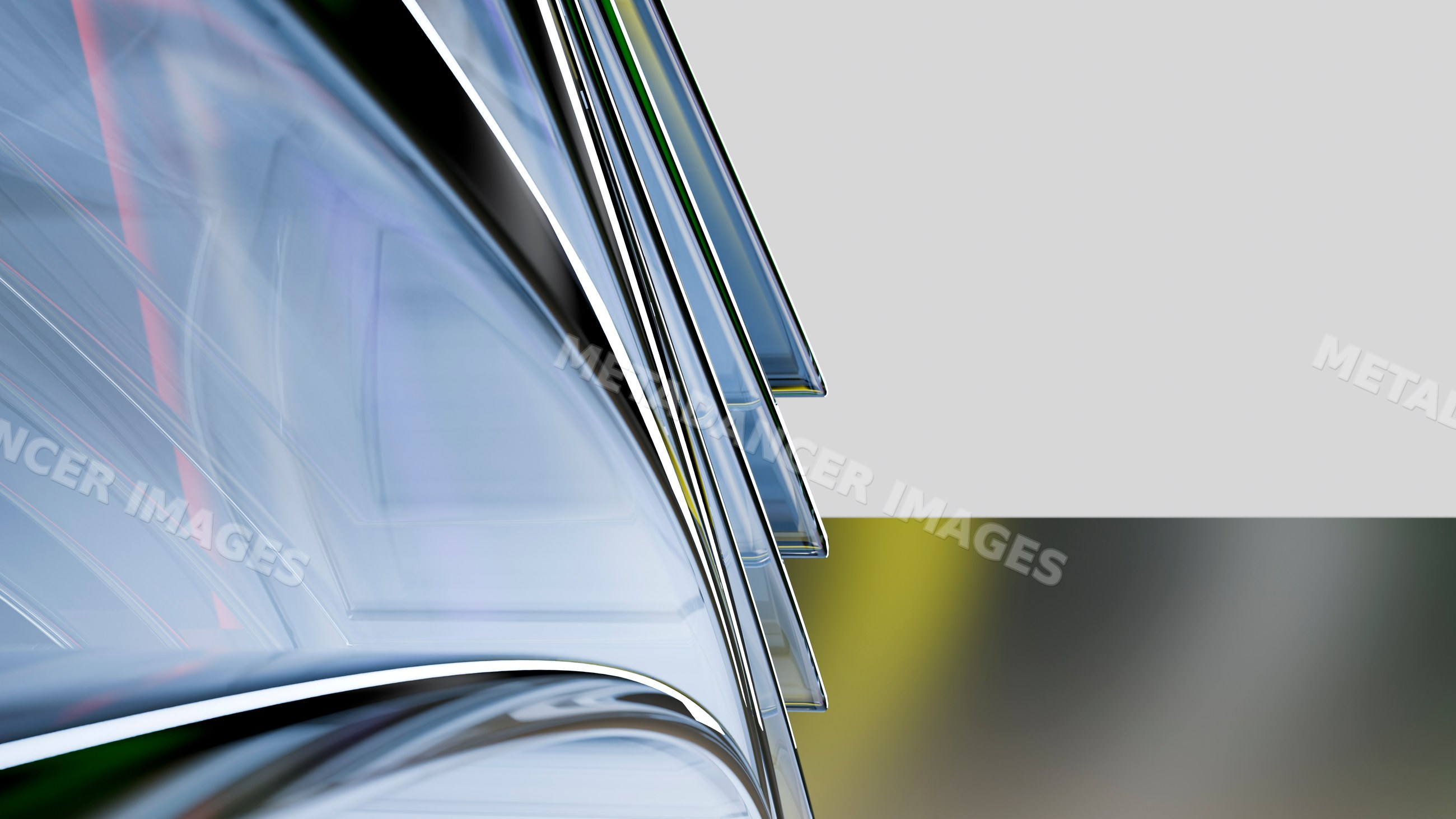 Stacked curved transparent glass panels with reflective surfaces