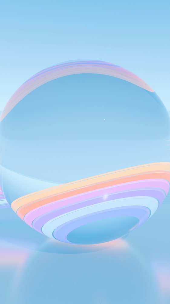 Glossy multicolored striped digital sphere on pastel gradient