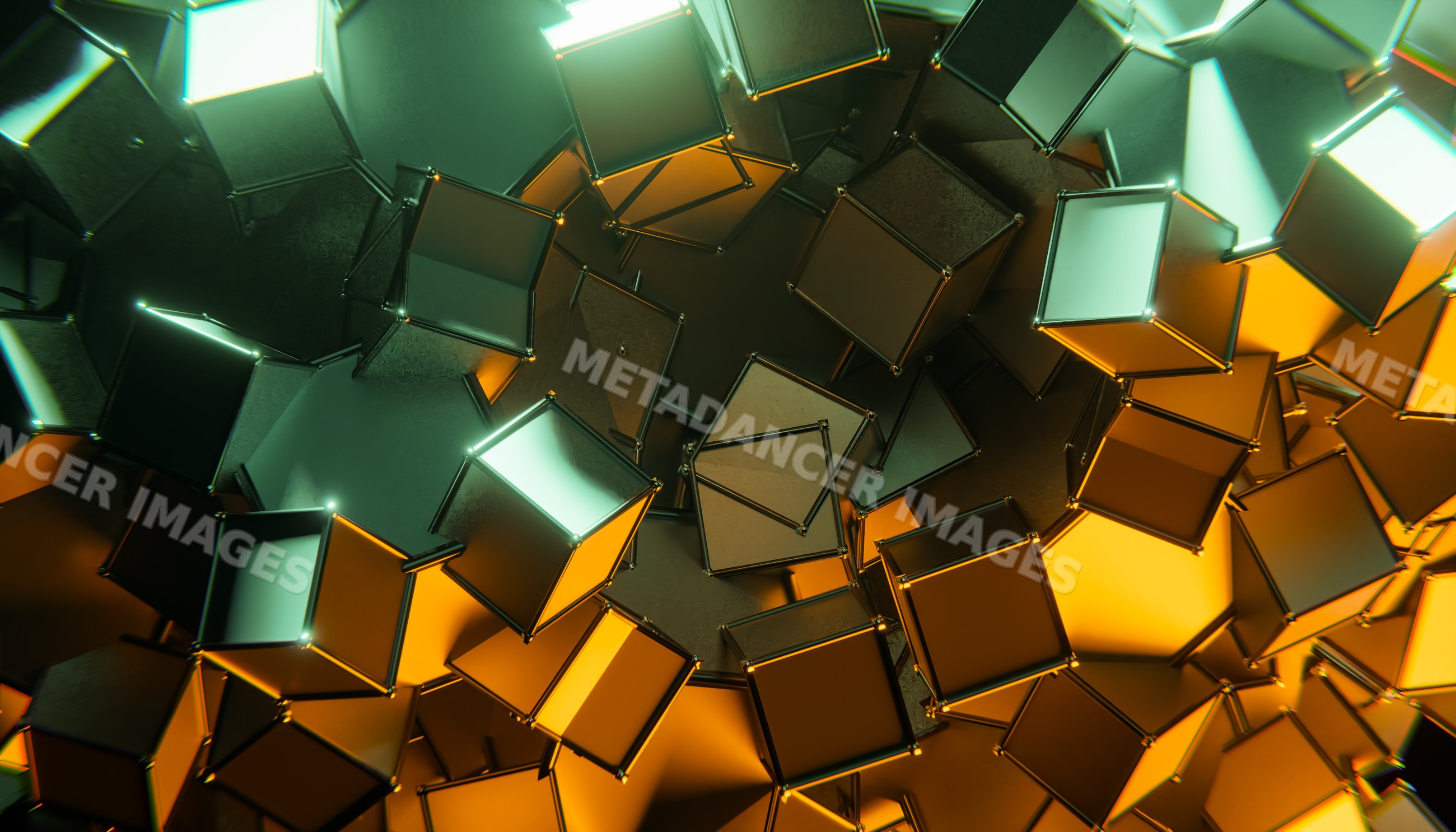 Abstract 3d digital render with metallic cubes and dynamic lighting