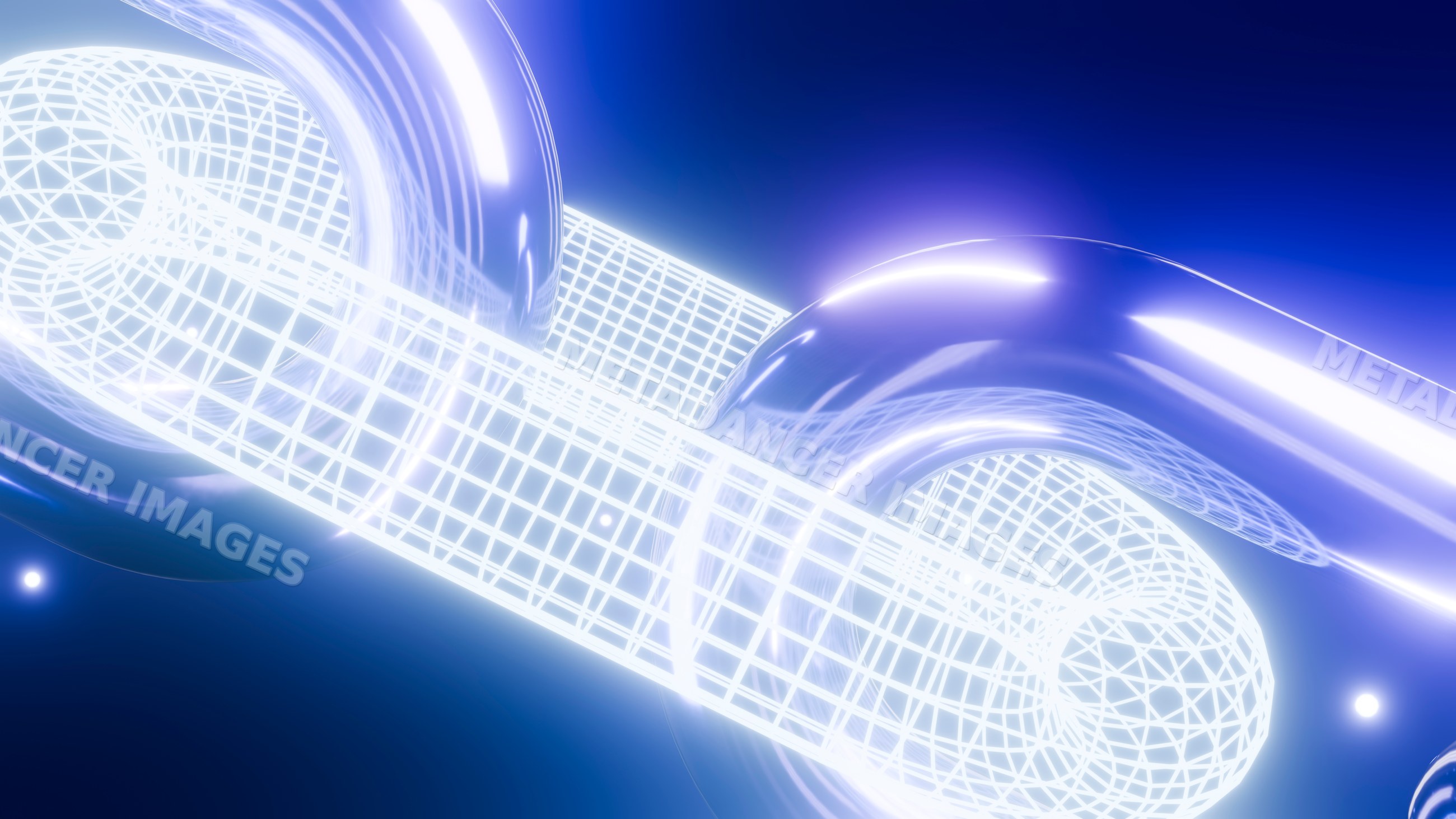 Glowing metallic chain links with digital wireframe mesh