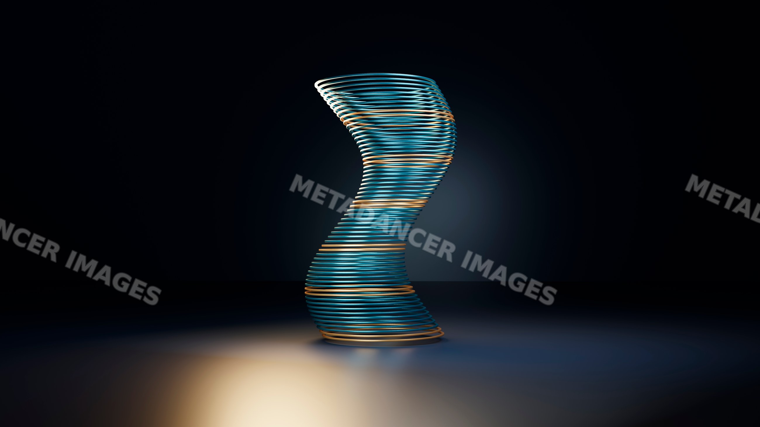 Spiral sculpture with twisting blue and orange spirals in dark studio