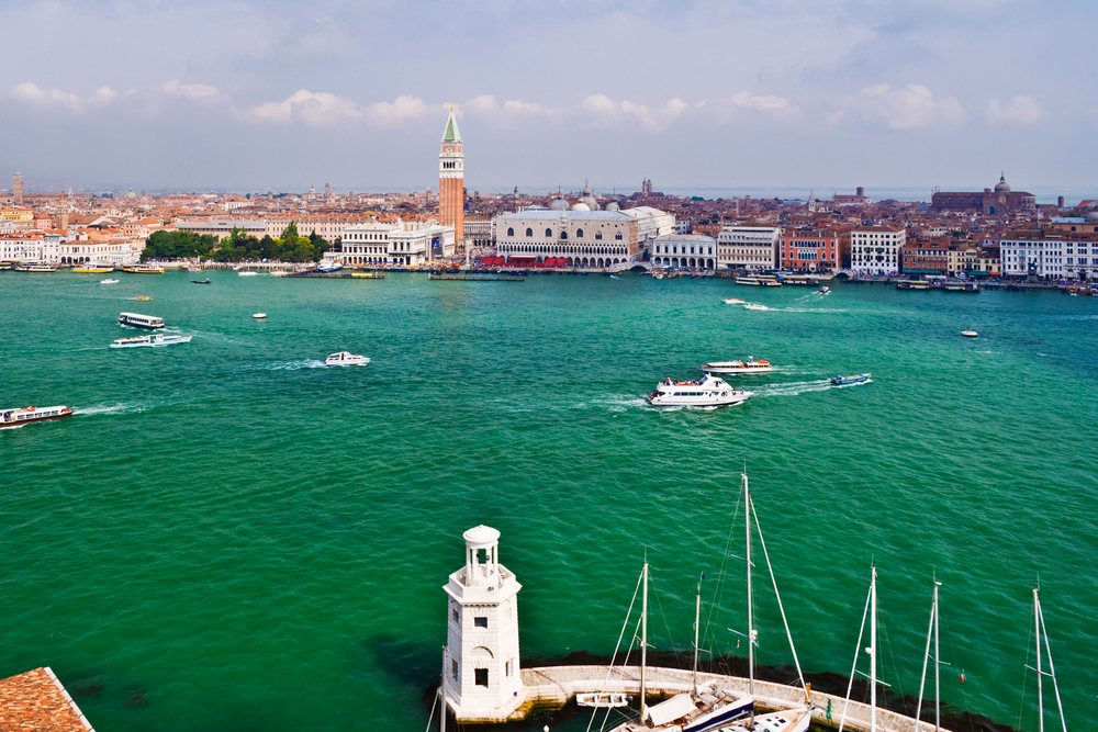 Venice waterfront with boats and historic buildings