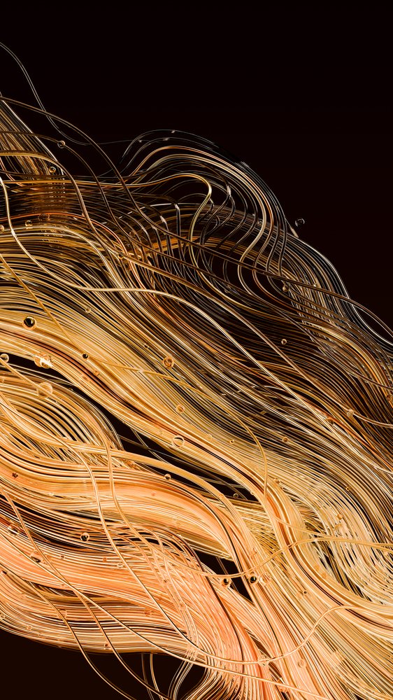 Flowing abstract golden and orange digital lines on black background
